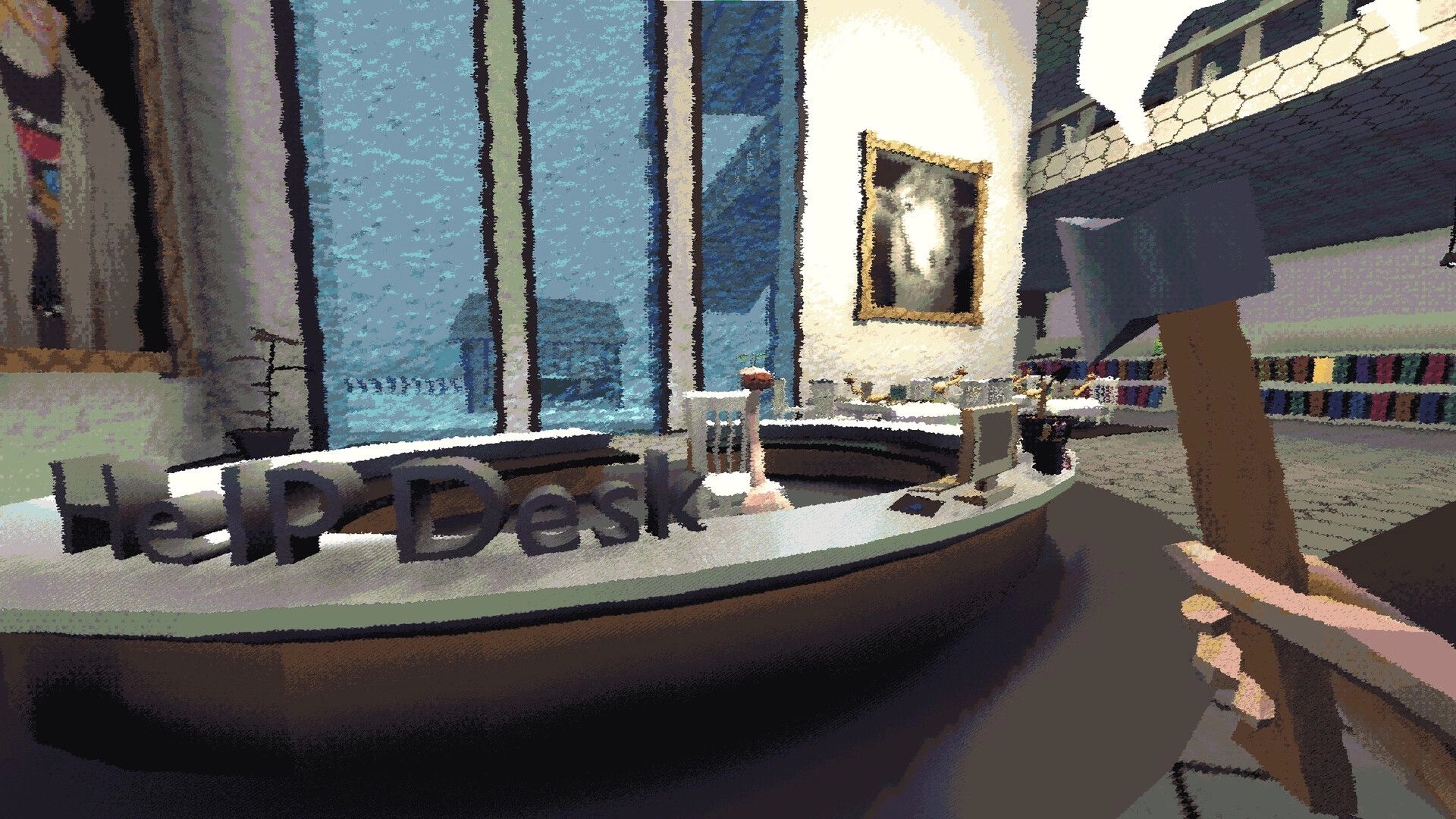 Sheeps: Player holding an axe in a library near Help Desk with books and paintings around
