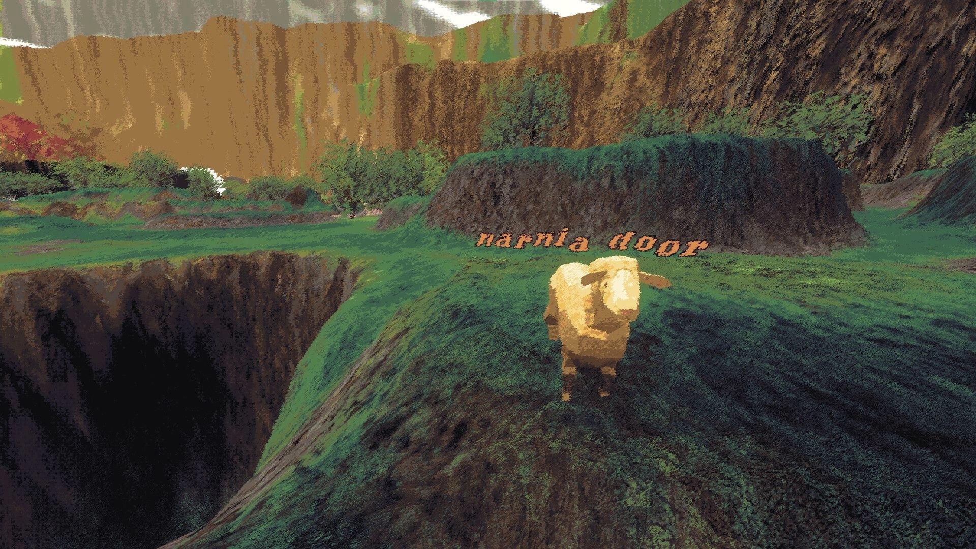 Sheeps: A lone sheep stands on a grassy cliff edge with "narnia door" text in a lush, hilly landscape.