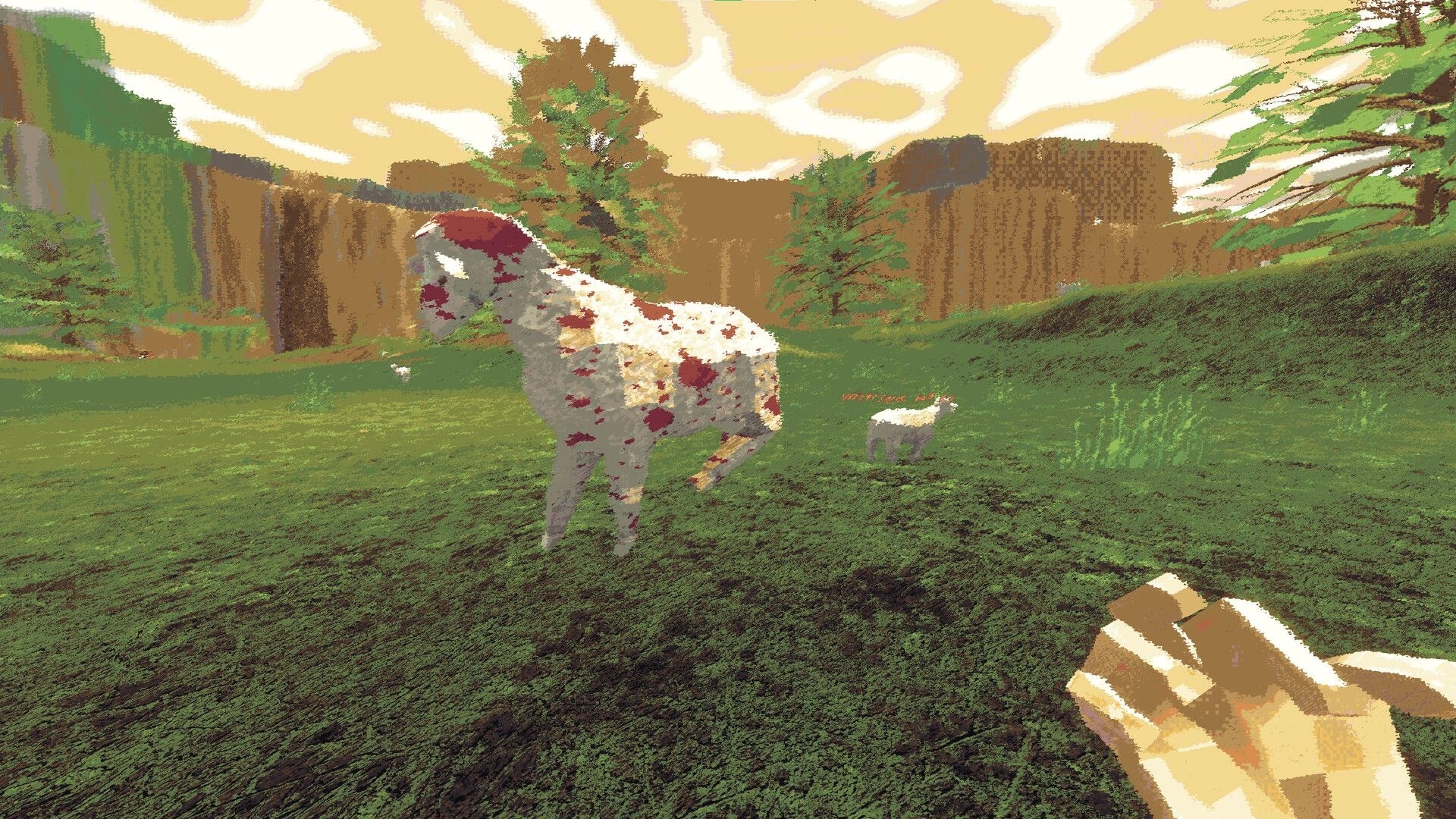 Sheeps: Player hand raised towards two sheep in a grassy, open field surrounded by trees and cliffs.