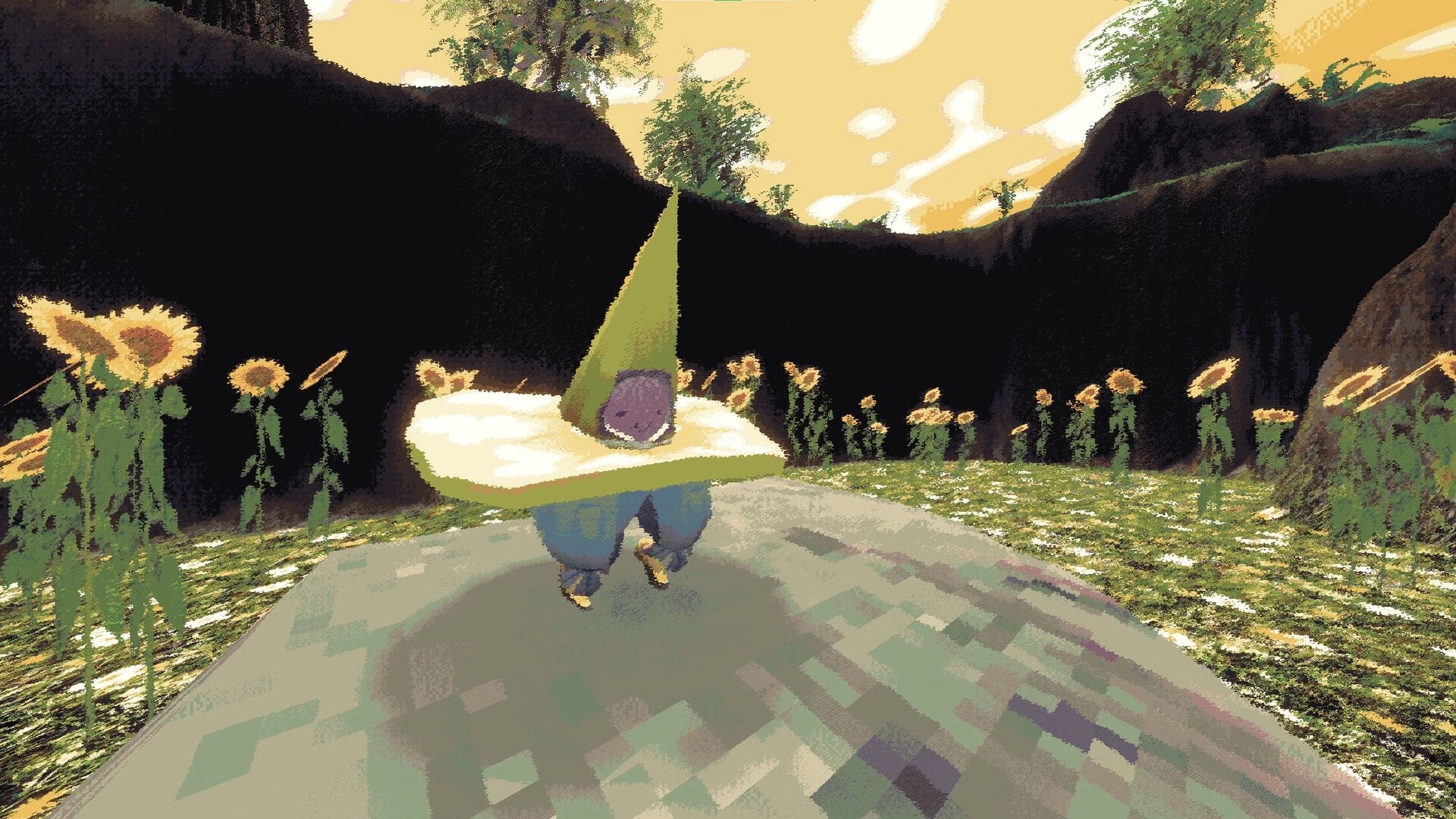 Sheeps: Character with green pointed hat stands among sunflowers in a vibrant, enclosed valley.