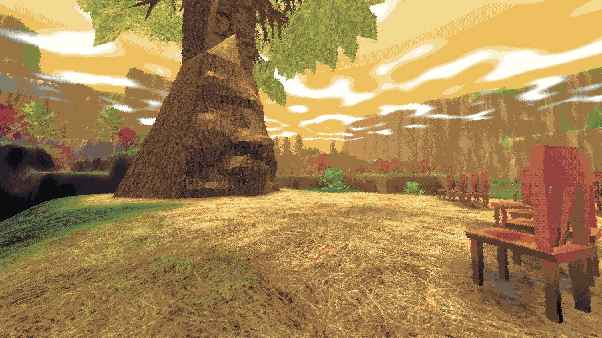 Sheeps: Large tree with red chairs in a sunlit clearing surrounded by colorful foliage