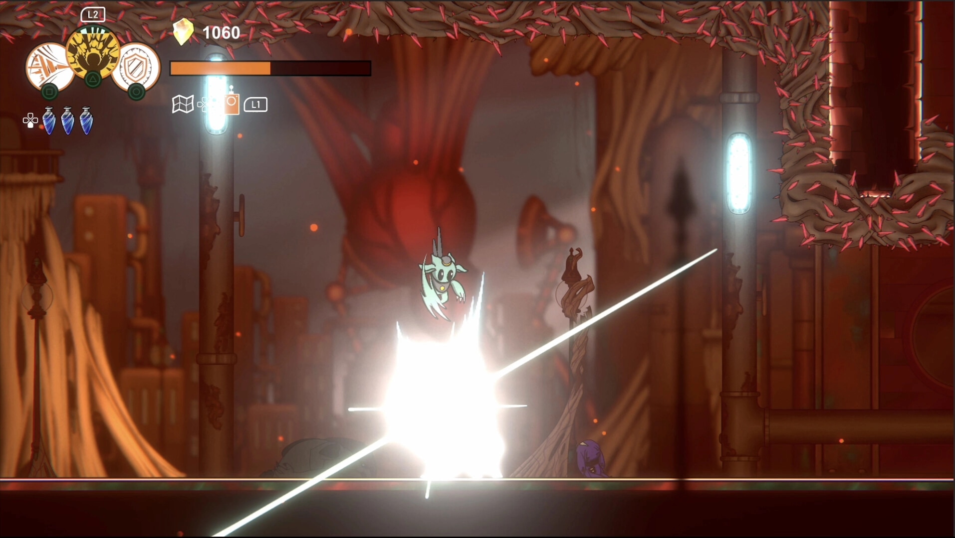 Shellbound: Player character leaps in combat, surrounded by glowing flora in a cavernous snail interior.