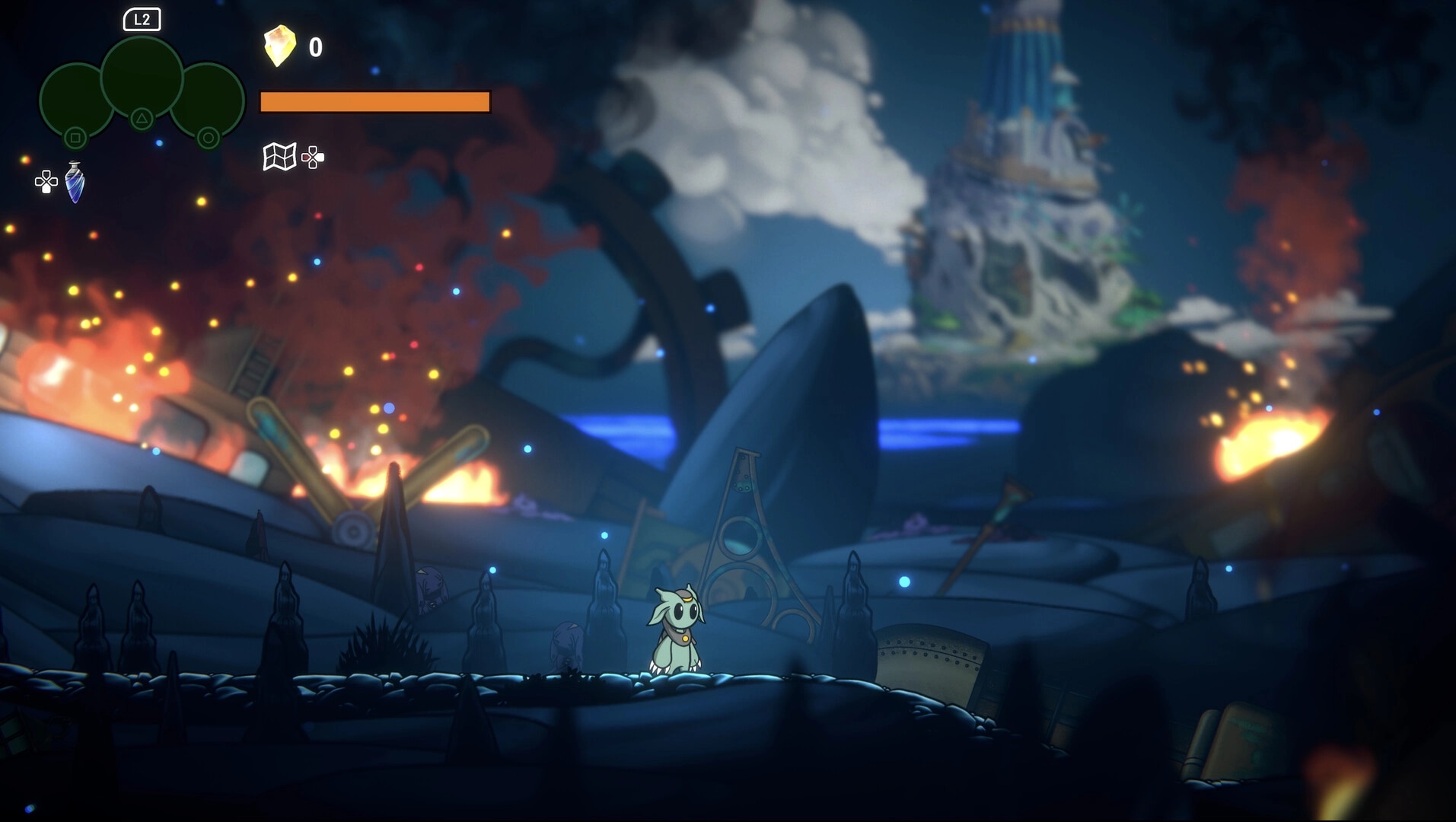 Shellbound: Character explores fiery wreckage with UI elements in a vibrant snail-shell environment