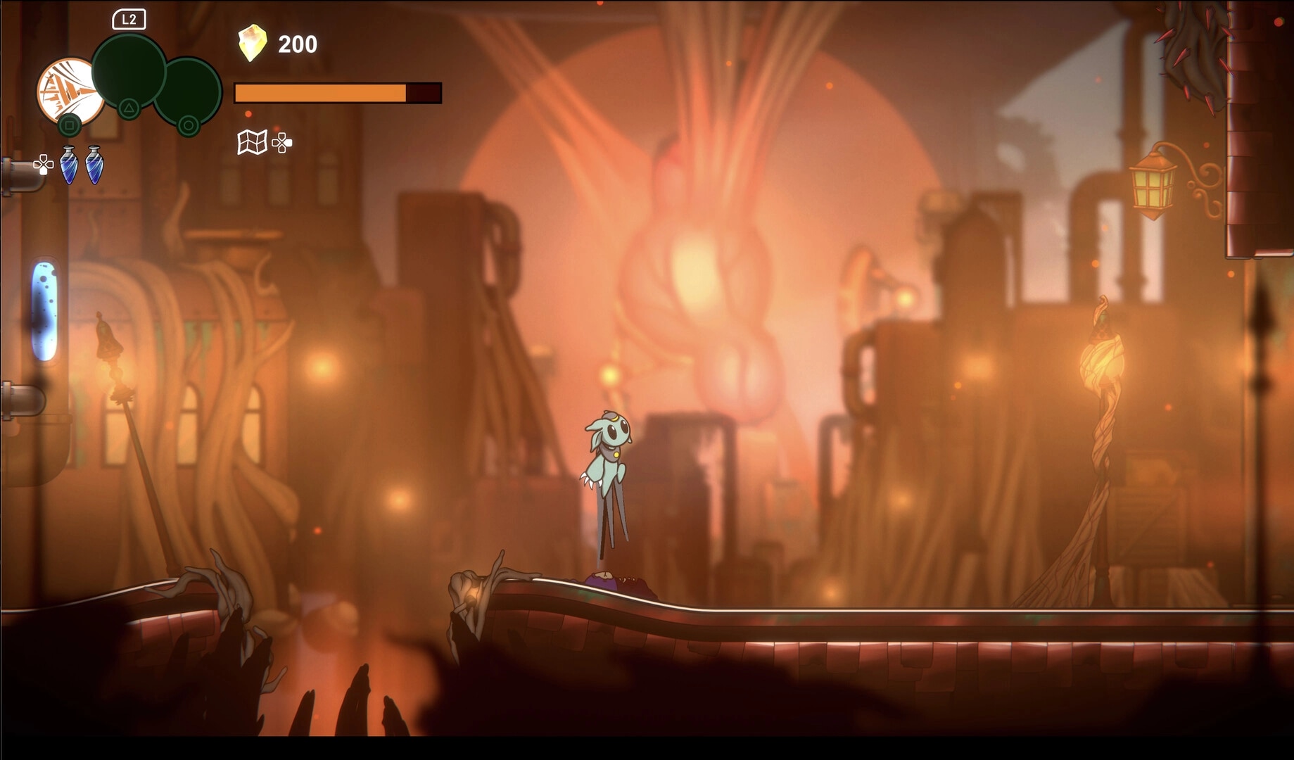 Shellbound: Character stands in glowing industrial area with health bar and inventory icons visible