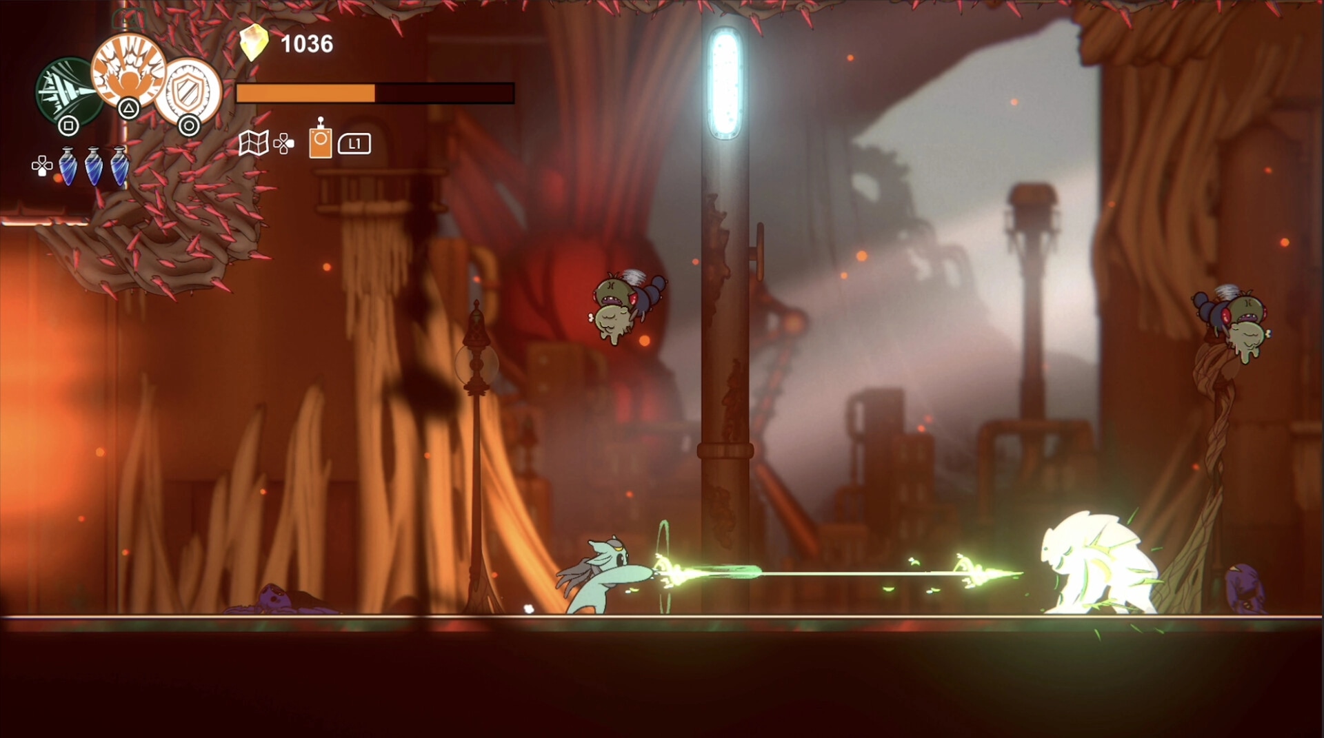Shellbound: Player character firing green energy at glowing enemy in industrial environment