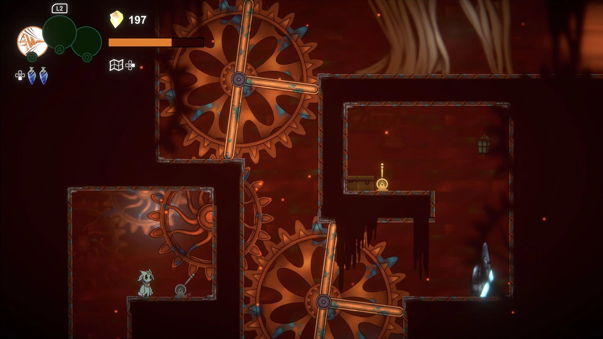 Shellbound: Character navigates giant gears in a mechanical cave with lever near glowing blue crystal