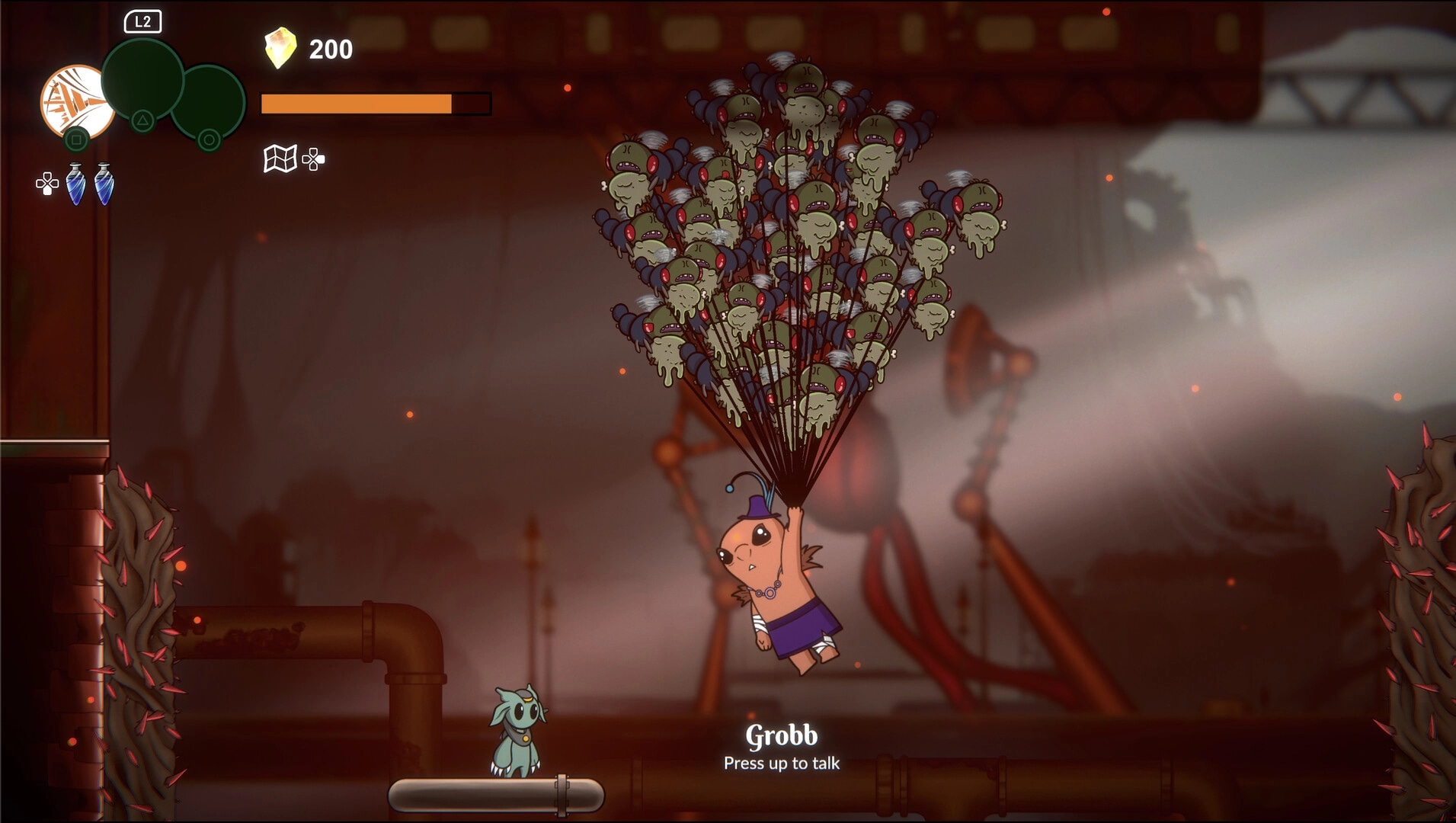 Shellbound: Grobb floats with balloon creatures, dialogue option in industrial snail interior environment