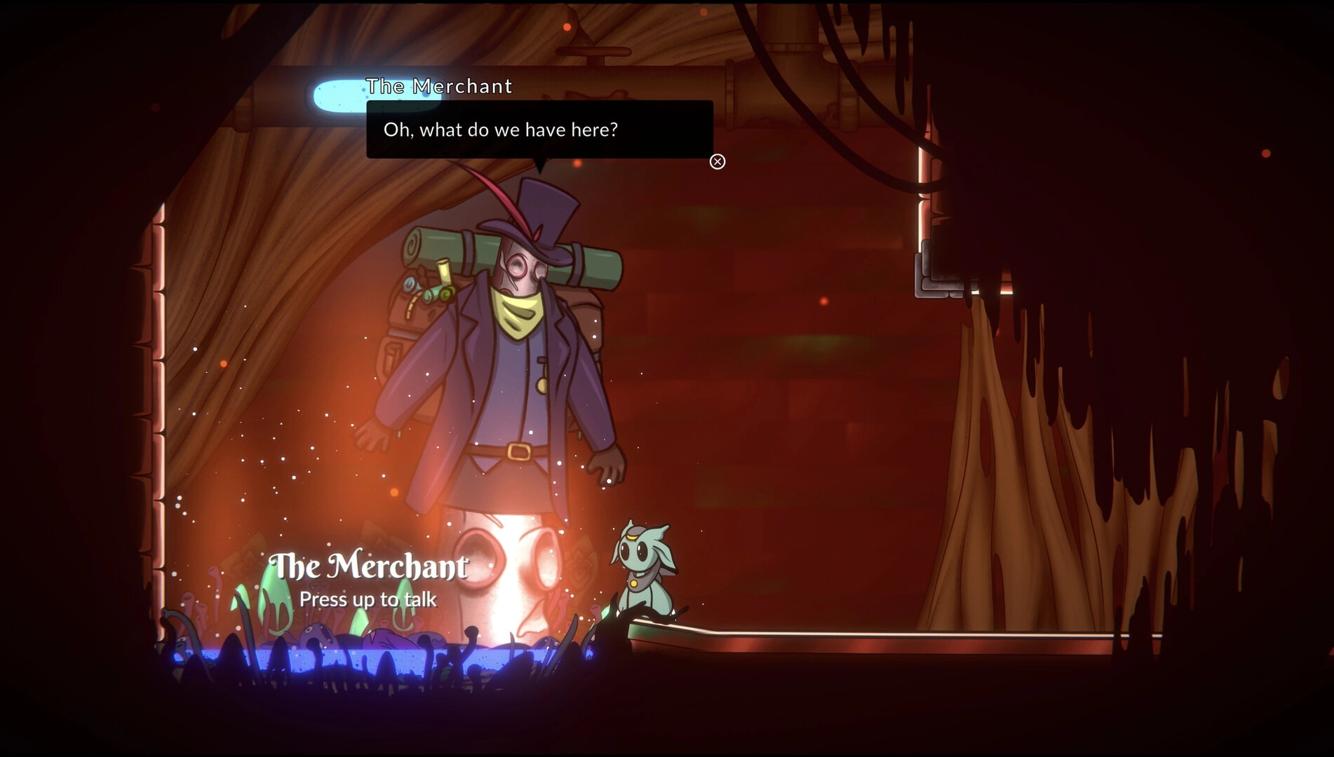 Shellbound: The Merchant dialogue with player character in glowing underground cavern setting