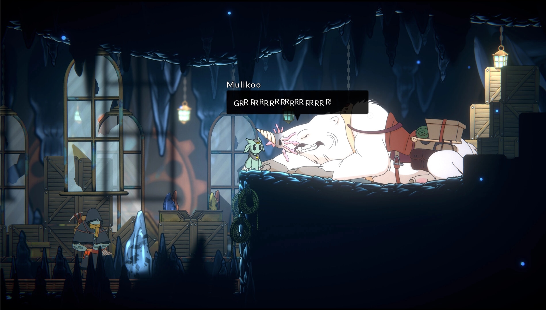 Shellbound: Mulikoo with a talking polar bear in a dimly lit cavern filled with crates and icicles