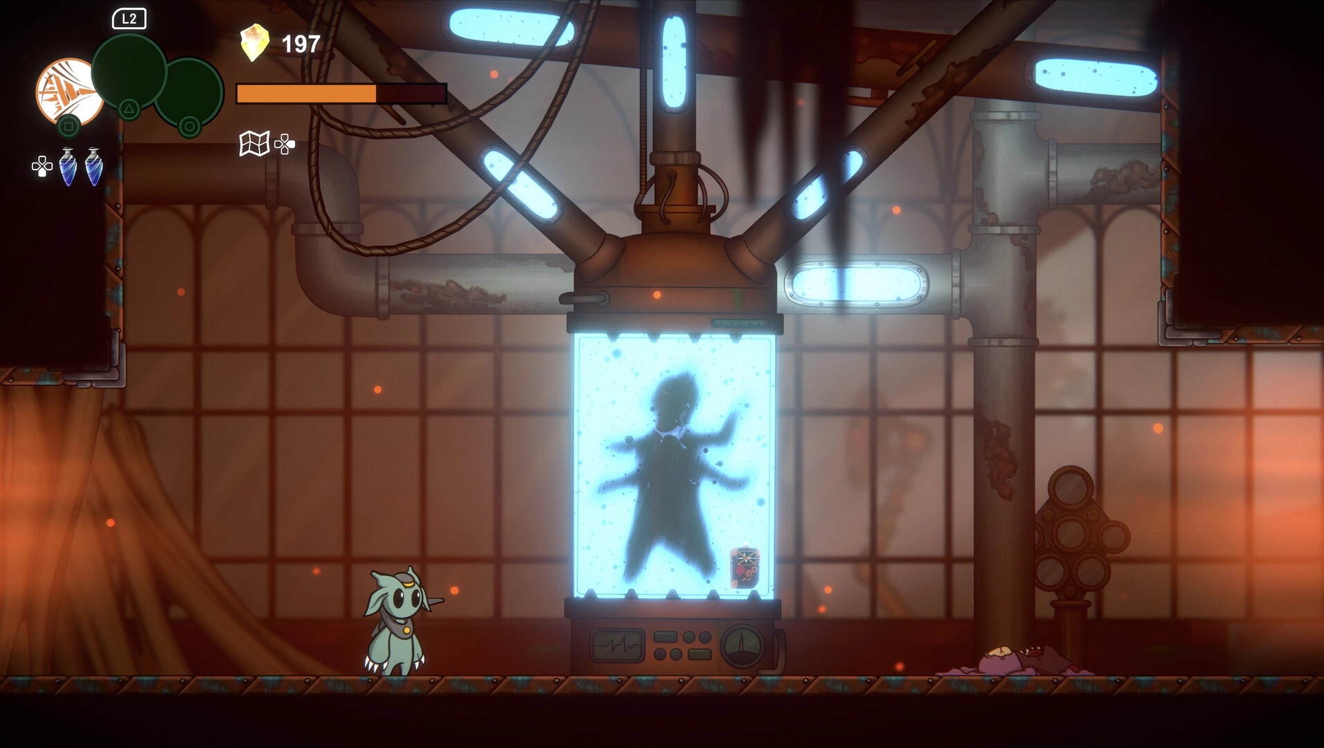 Shellbound: Player near glowing tank with silhouetted creature in industrial laboratory environment