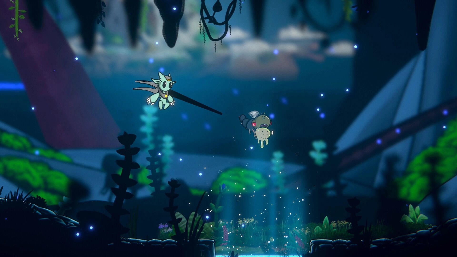 Shellbound: Character mid-air combat with bizarre creature in a lush, glowing undergrowth setting