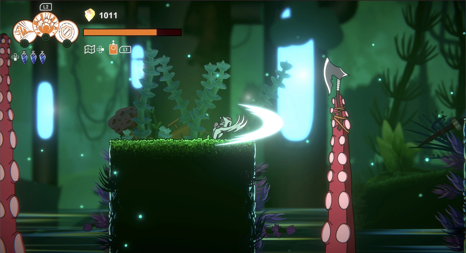 Shellbound: Character attacks with sword in lush, bioluminescent forest, UI displays health and gems.