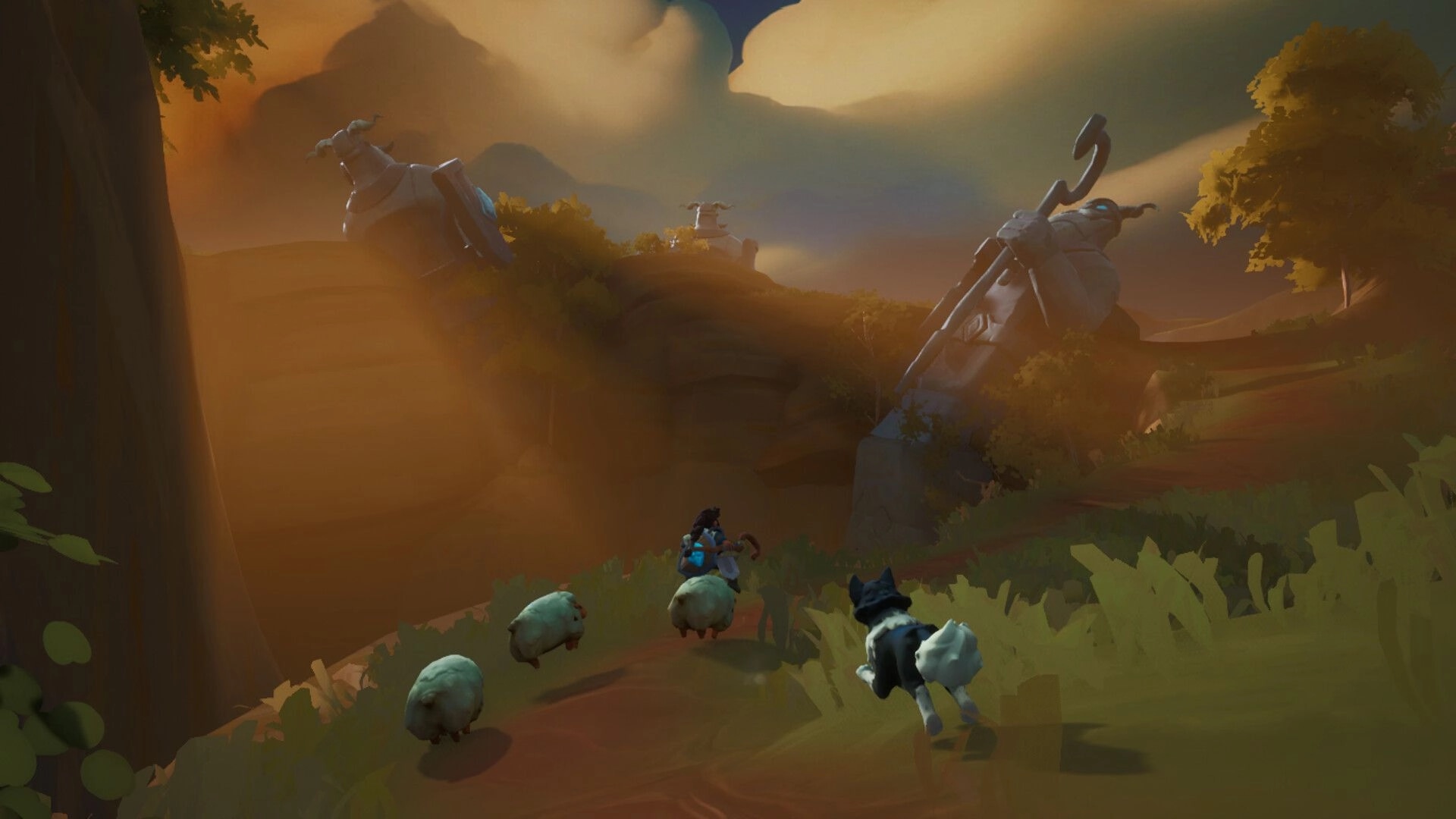 Shepherd Knight: Guiding sheep with dog through valley under large stone statues at sunset