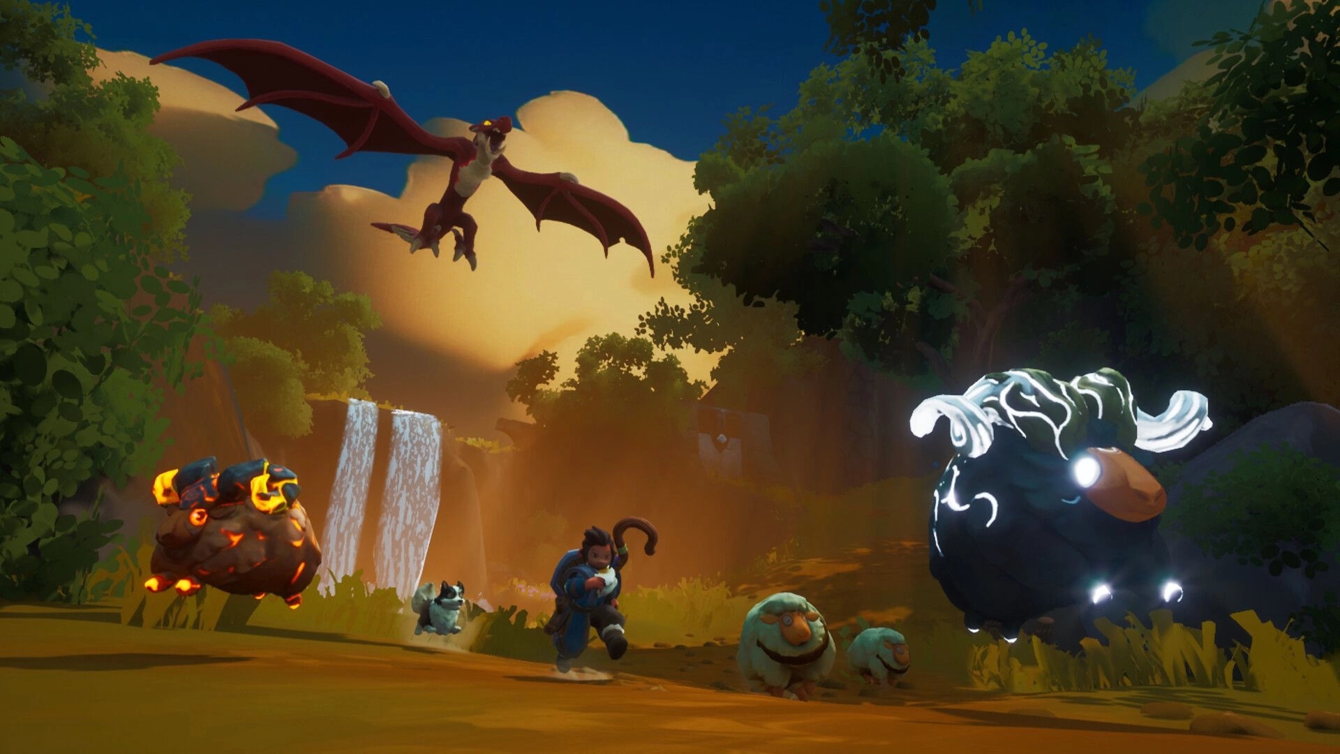 Shepherd Knight: Guiding sheep through forest with dragon overhead, waterfall in background