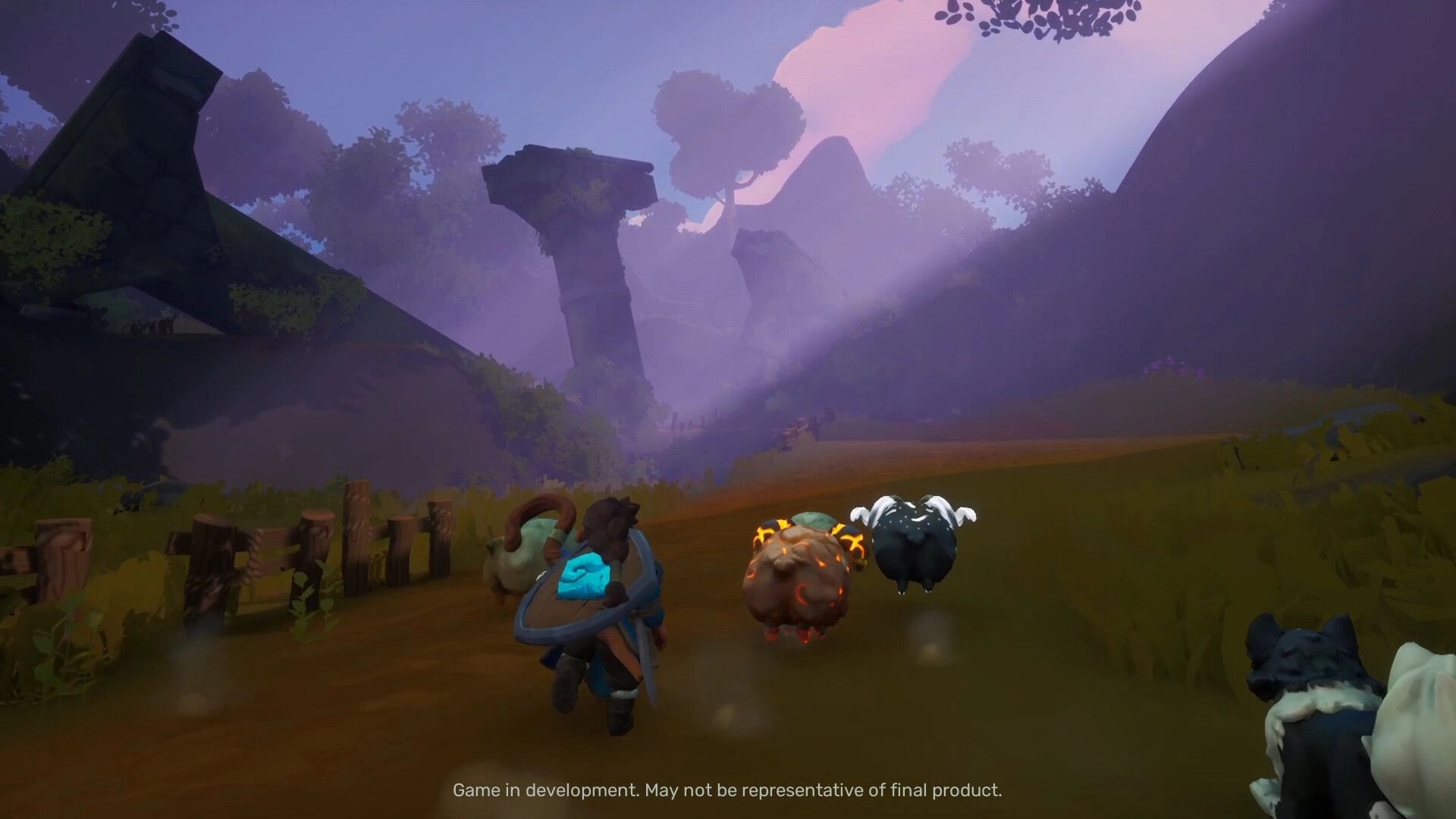 Shepherd Knight: Guiding sheep with a dog through a mystical forest path under a dramatic sky