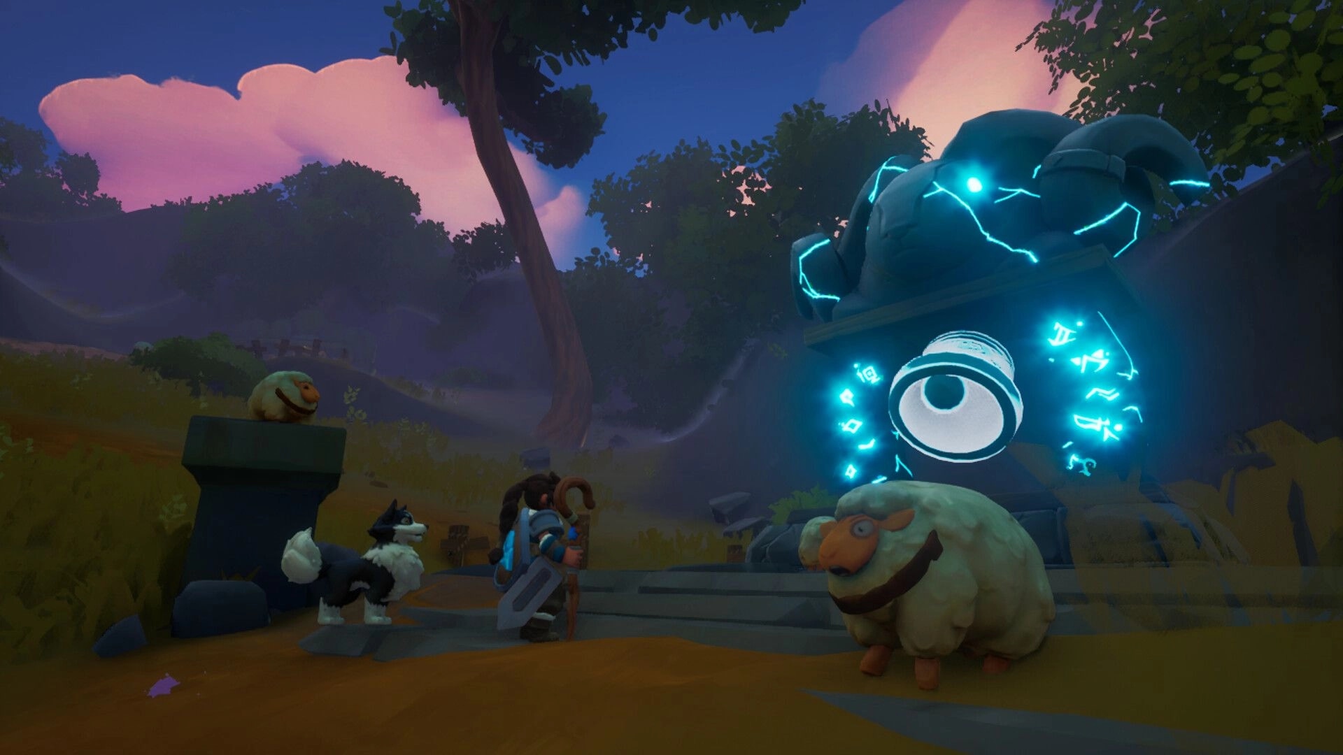 Shepherd Knight: Knight and dog guide sheep near glowing stone altar in a mystical forest clearing