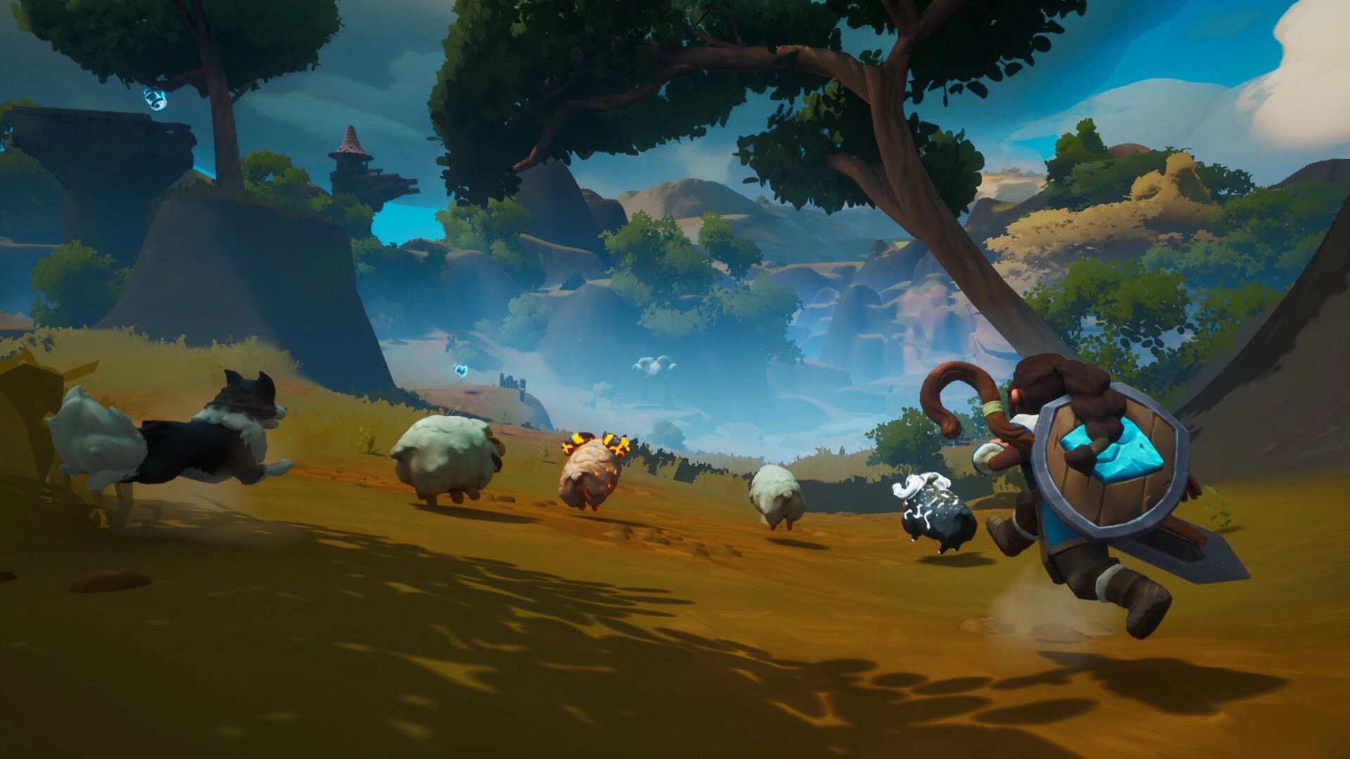 Shepherd Knight: Guiding sheep and dog through vibrant valley with distant hills and towering trees