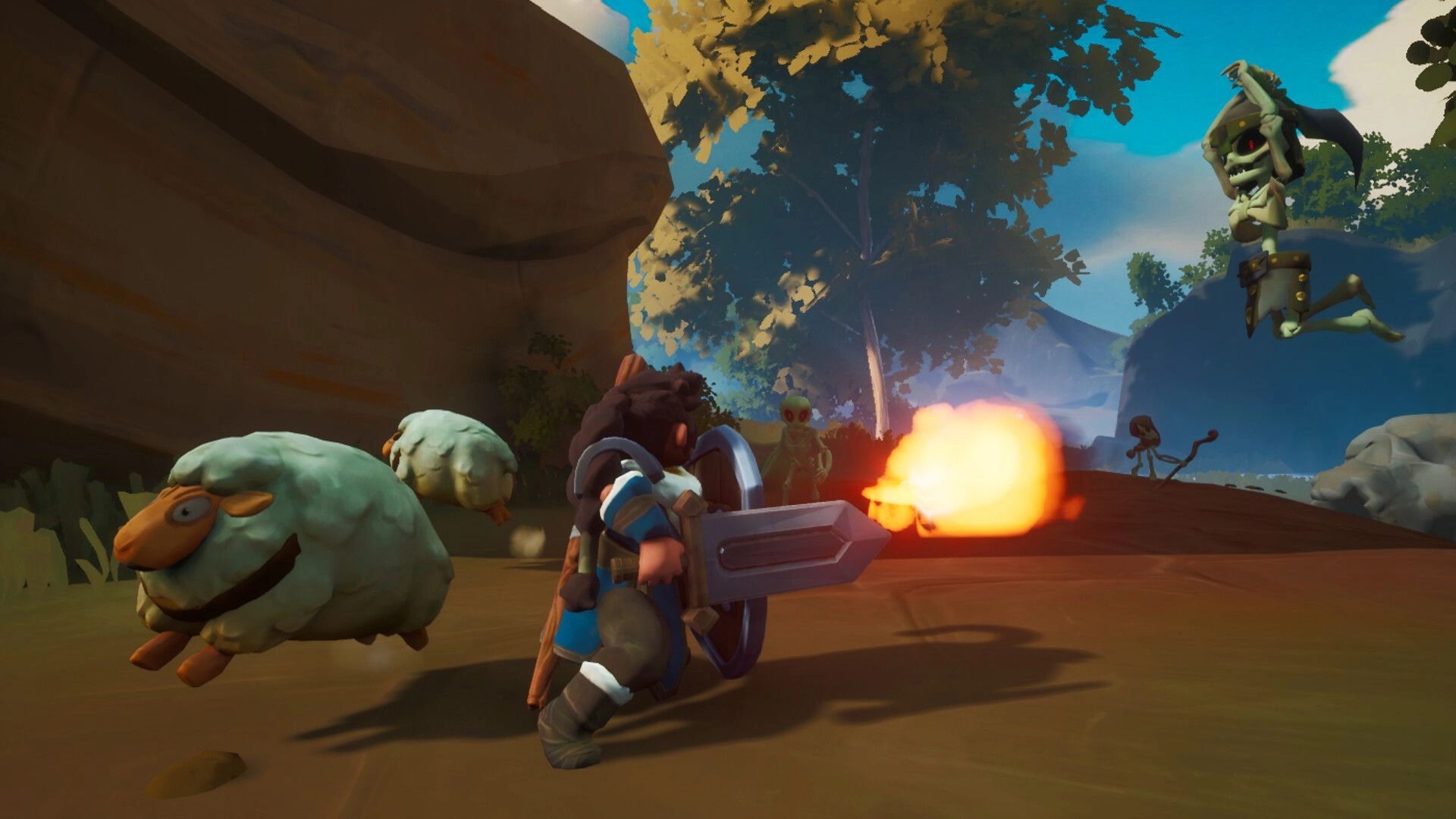 Shepherd Knight: Battling skeletons in a forest while protecting sheep with sword and shield.