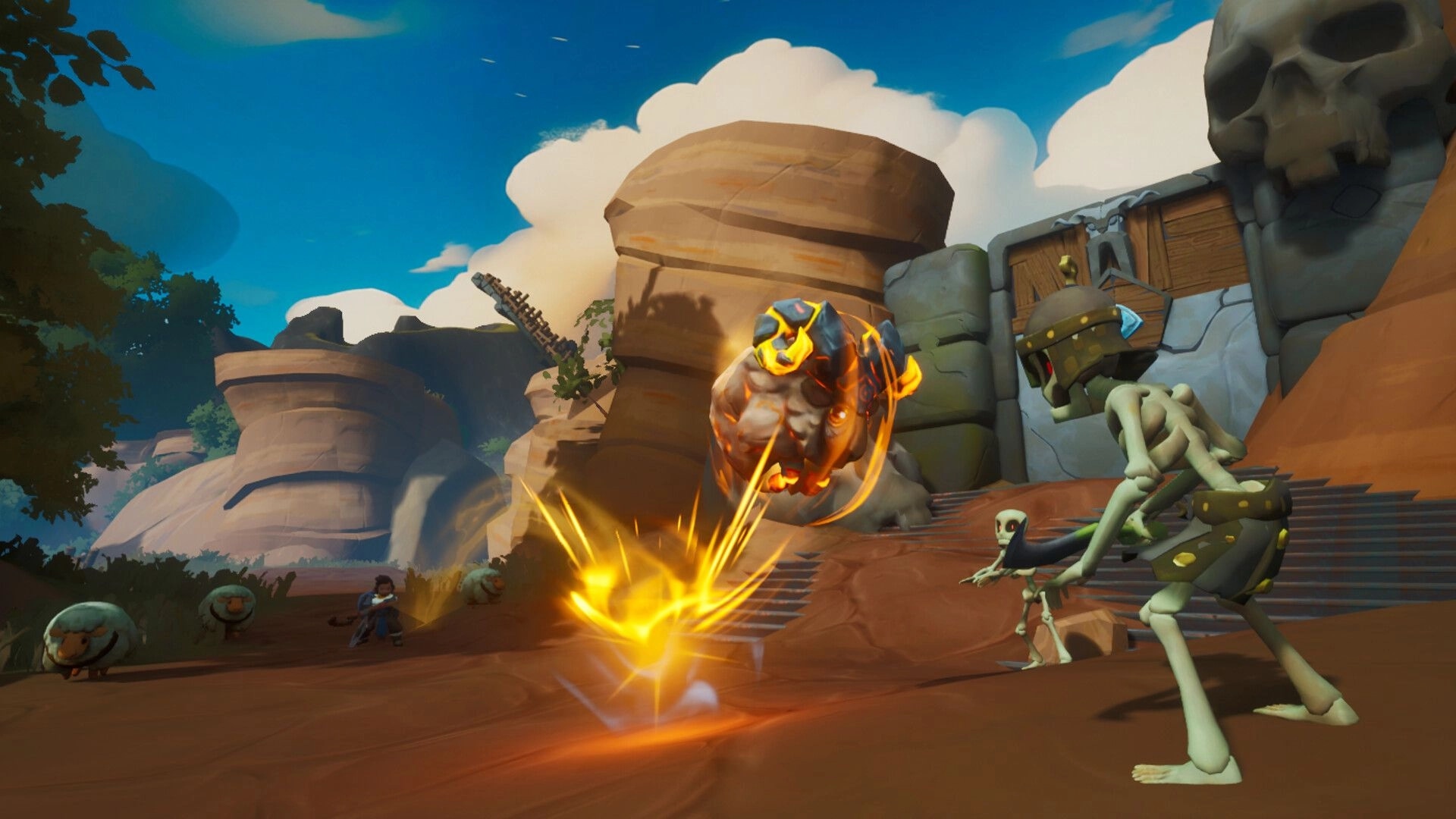 Shepherd Knight: Player and dog confront skeletons and fiery creature in rocky canyon setting