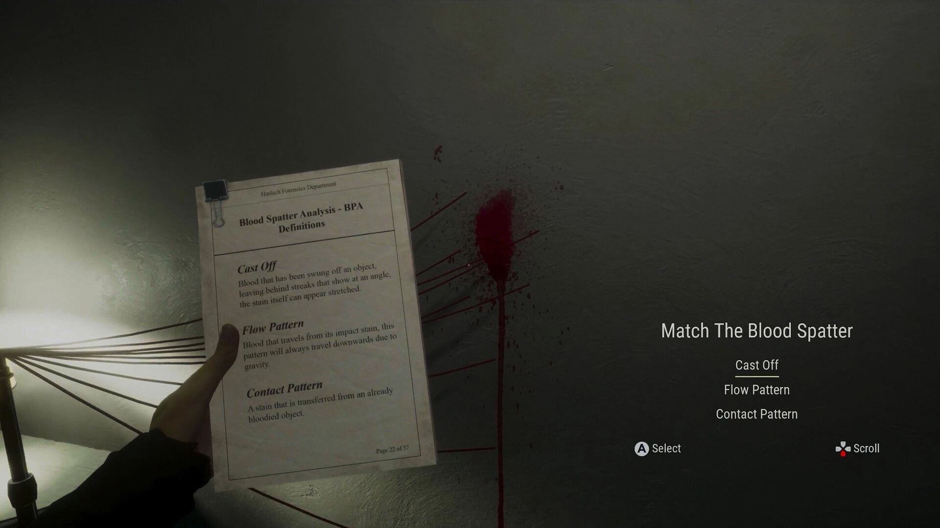 She's Leaving: Analyzing blood spatter patterns with clipboard in dimly lit room
