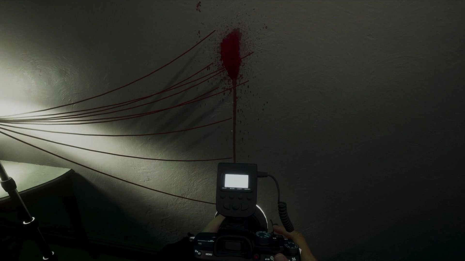 She's Leaving: Blood splatter analysis with forensic camera in dimly lit room