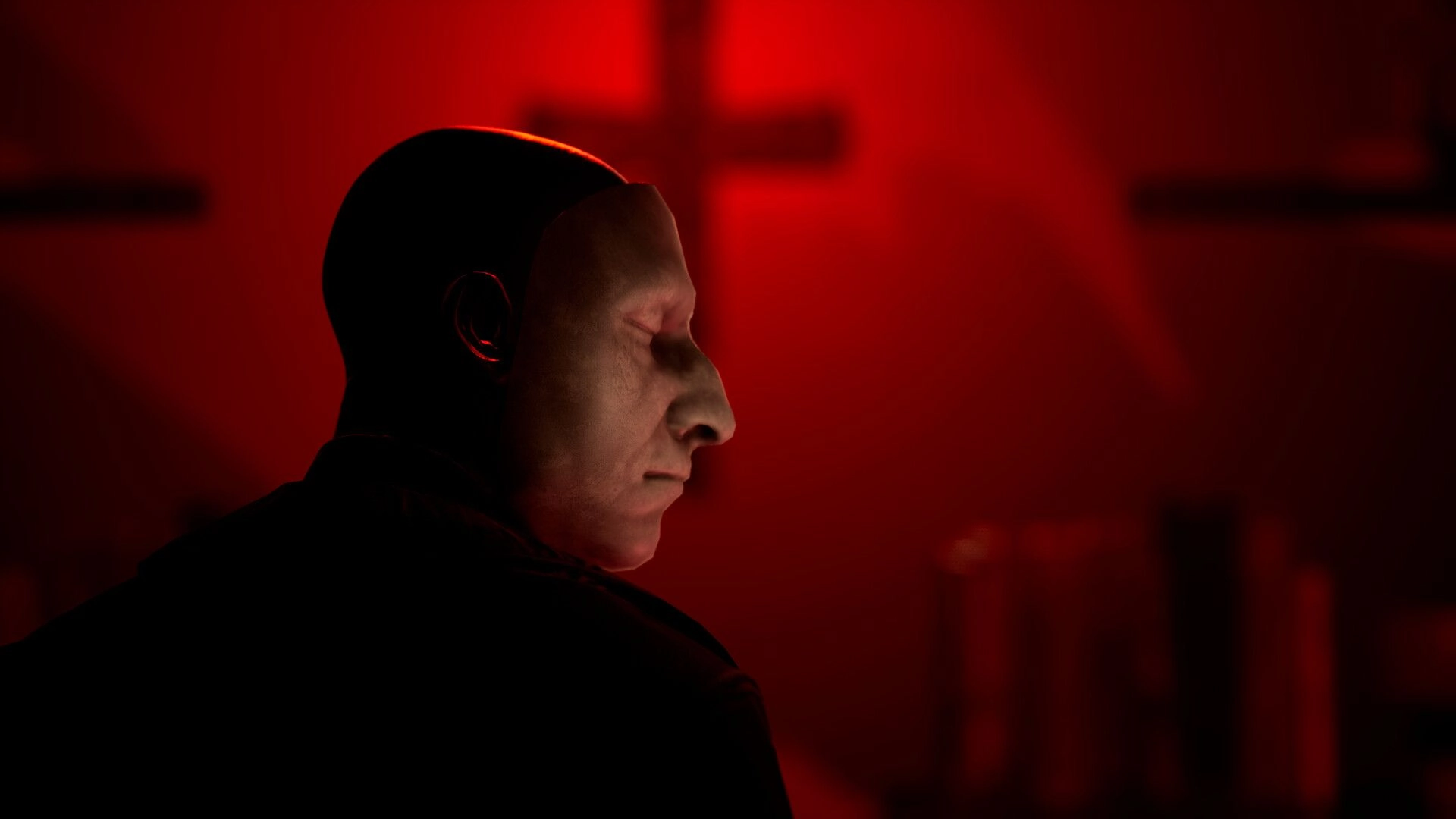 She's Leaving: Eerie figure in red-lit room with cross on wall, creating a foreboding atmosphere