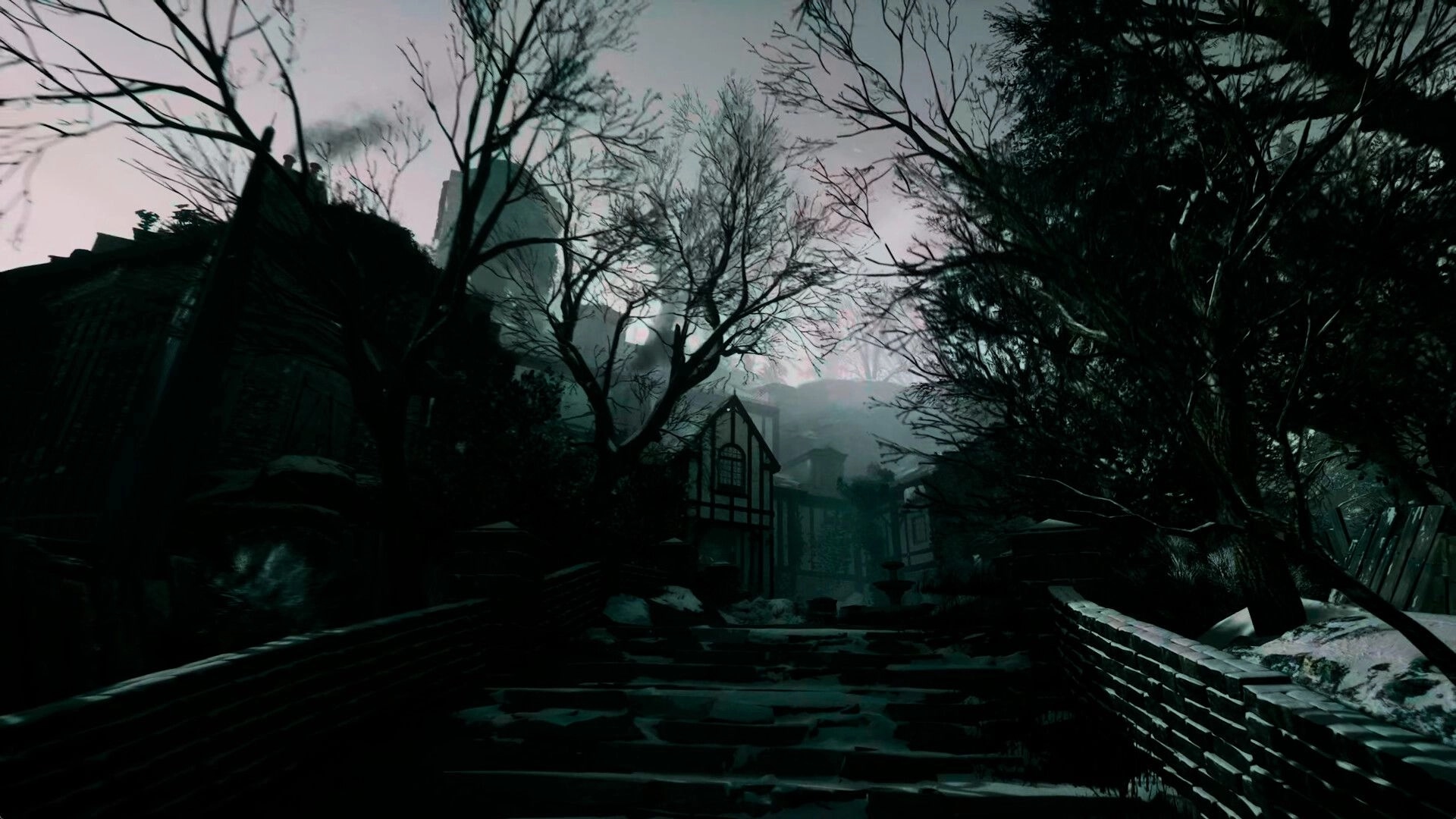 She's Leaving: Eerie village pathway with barren trees and foggy atmosphere in survival horror setting