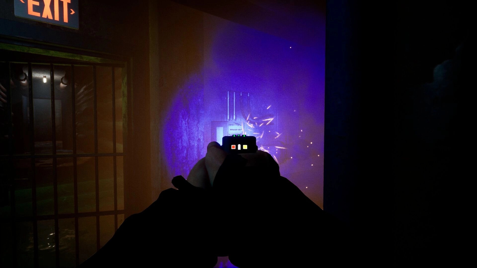 She's Leaving: Player aiming a weapon at a sparking electrical panel under an exit sign in dimly lit room