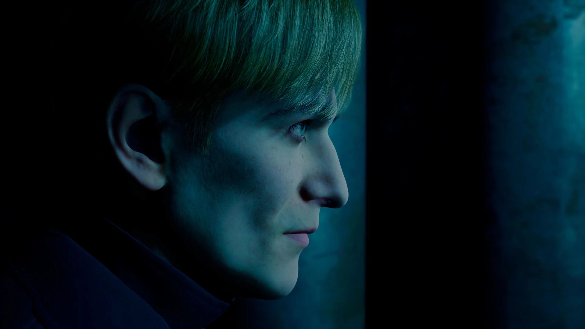 She's Leaving: Close-up of a character's profile in dimly lit environment with an intense expression