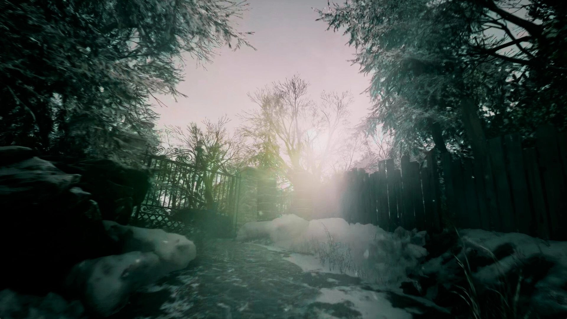 She's Leaving: Snowy forest path leading to a mysterious gated entrance under a cloudy, sunlit sky