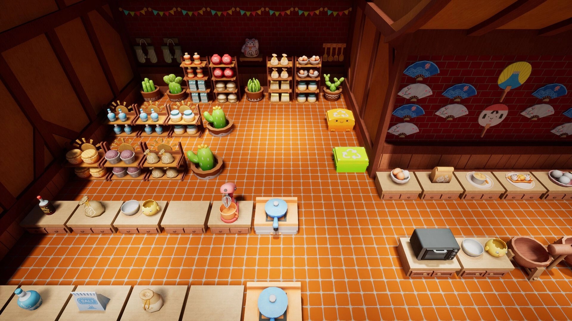 Shiba Sweet: Overhead view of a cozy dessert shop with colorful ingredients and cooking tools displayed