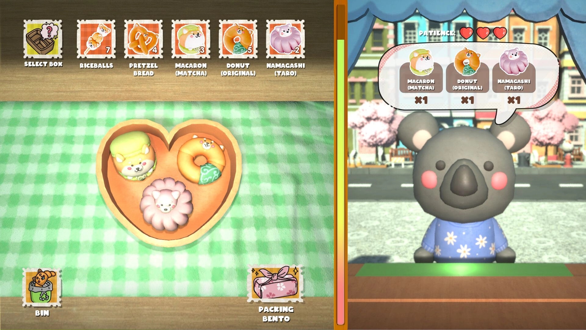 Shiba Sweet: Packing bento with macarons and donuts for a koala customer at the dessert shop