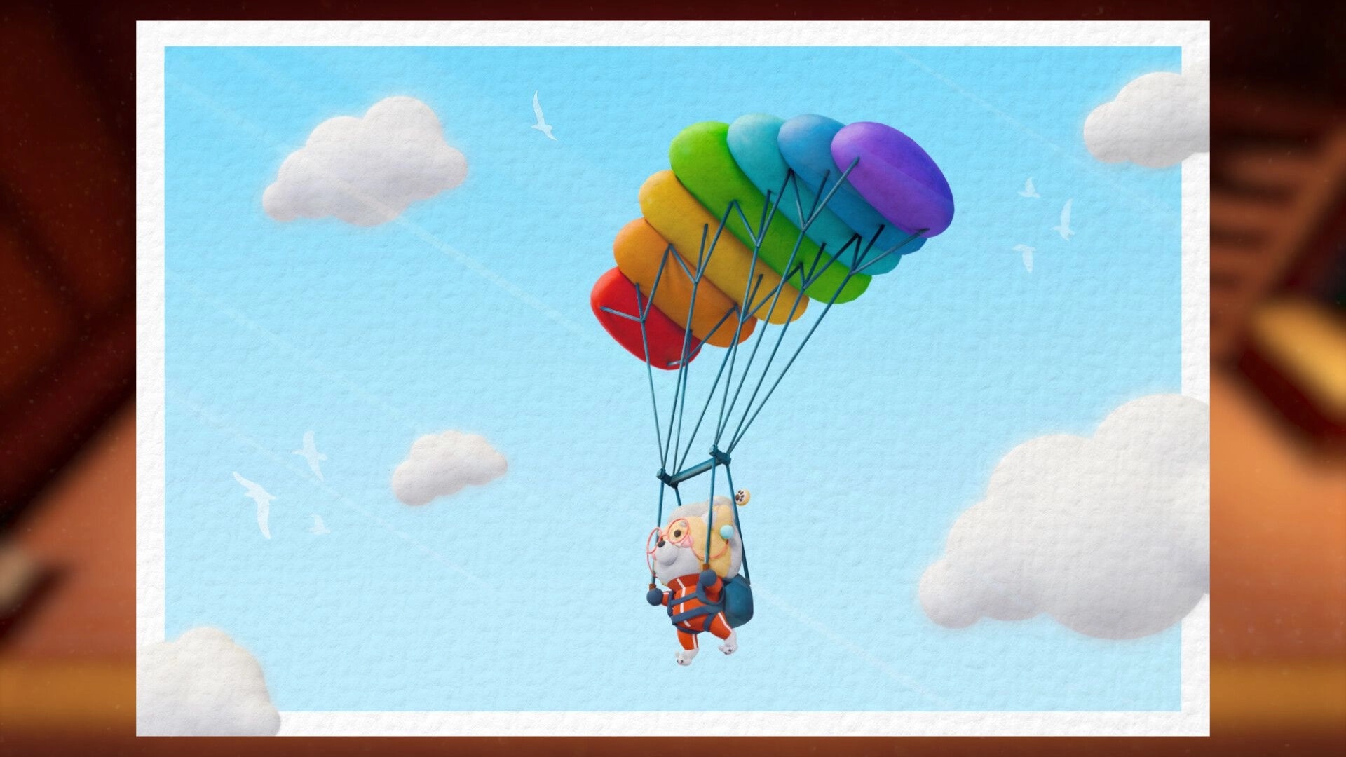 Shiba Sweet: Shiba chef parachuting with rainbow canopy through a bright sky filled with fluffy clouds