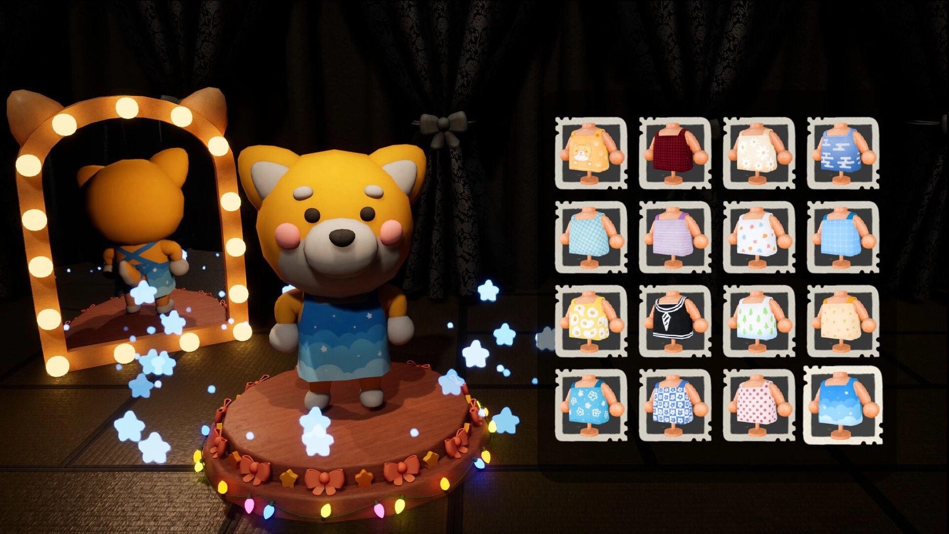 Shiba Sweet: Shiba chef in a dress-up room with wardrobe selection and a mirror reflection