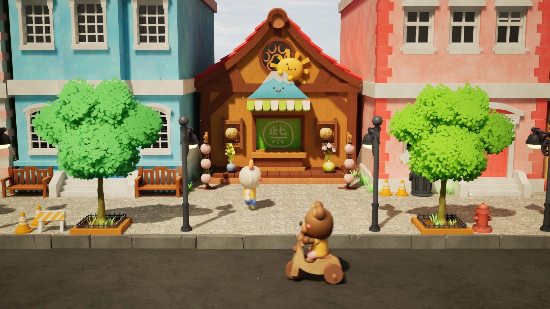 Shiba Sweet: Shiba chef approaching dessert shop with colorful buildings and trees in the background