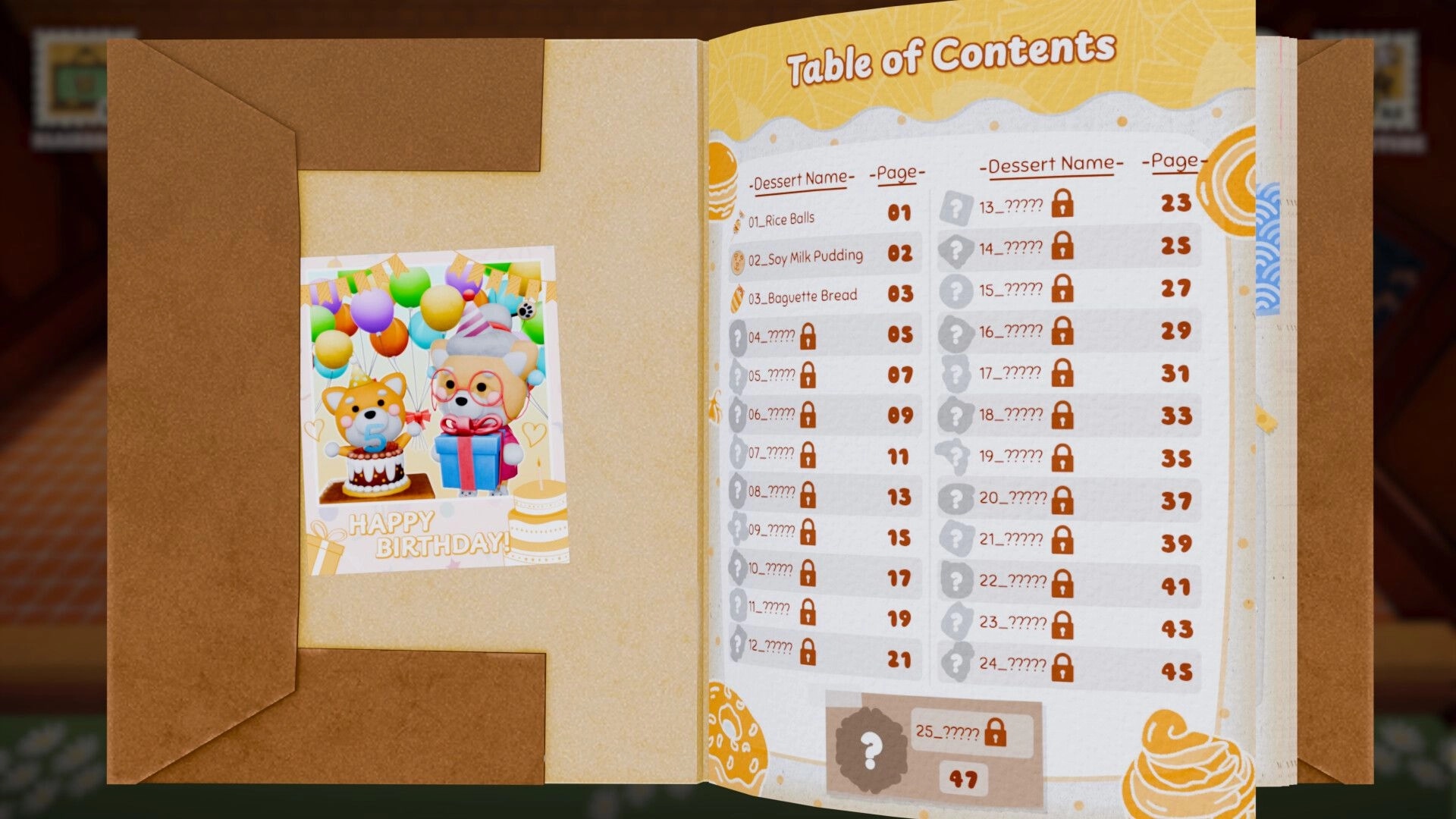 Shiba Sweet: Open cookbook showing dessert table of contents and a birthday photo in the bakery