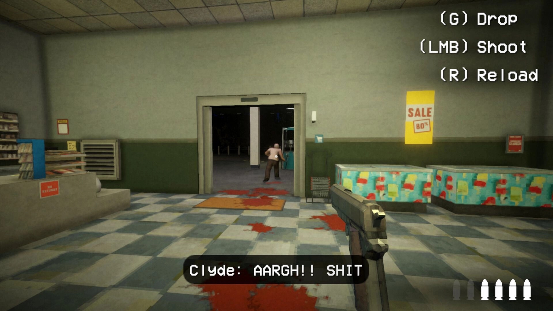 Shift At Midnight: Character Clyde in store with gun, blood on floor, aiming at approaching figure