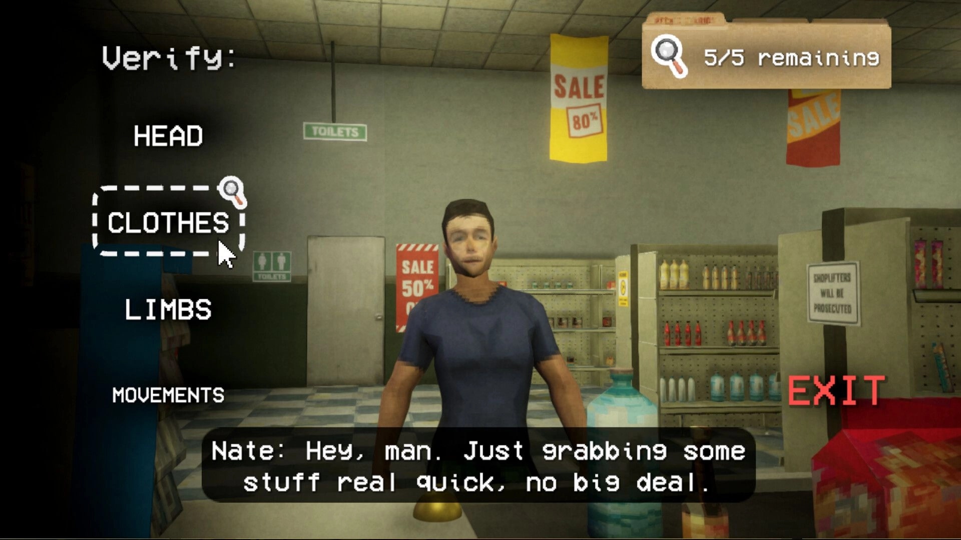 Shift At Midnight: Character Nate interacting in a store, verifying clothes with UI options visible.
