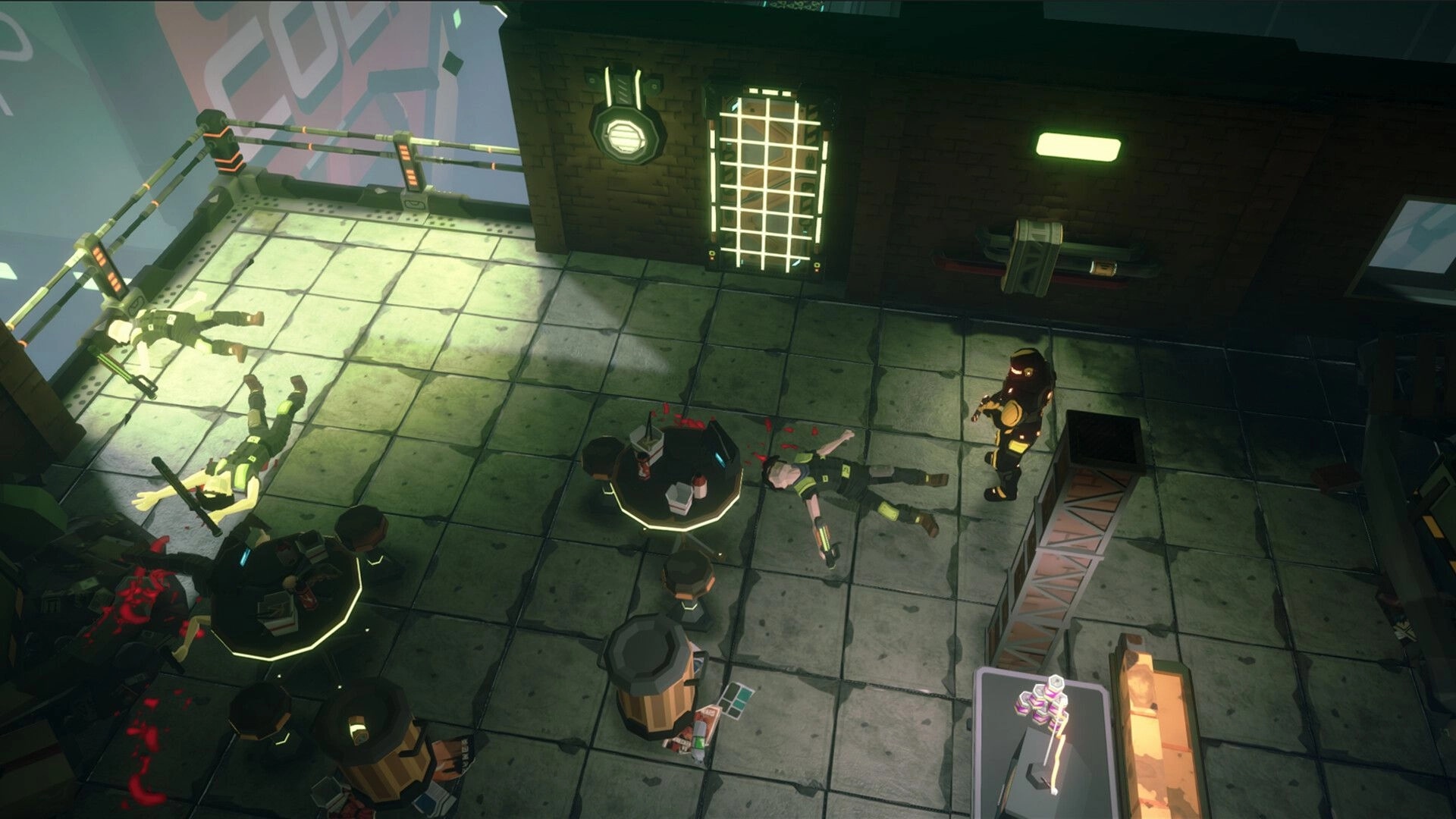 Shift'n Slay: Executioner stands over defeated foes in a dimly lit industrial corridor setting.