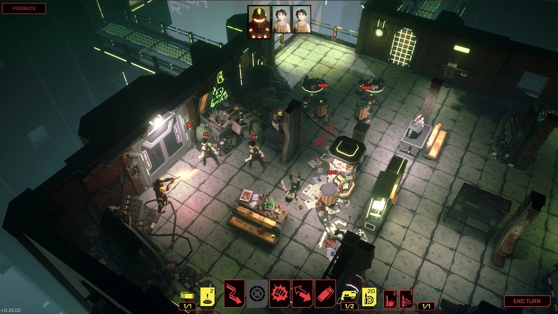 Shift'n Slay: Tactical combat scene in a futuristic room with characters battling and UI elements visible