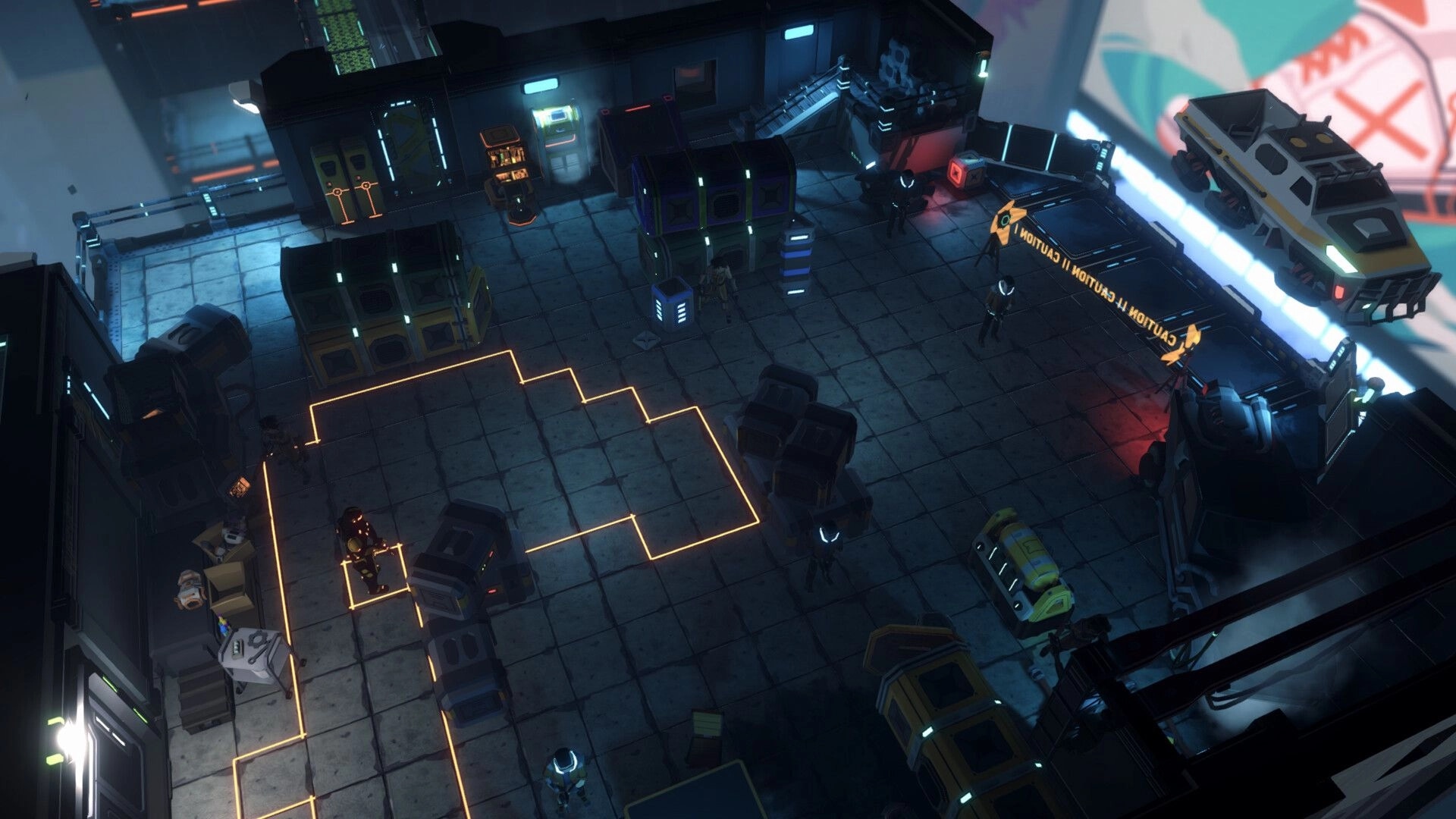 Shift'n Slay: Tactical combat in a dimly lit futuristic warehouse with characters and glowing paths