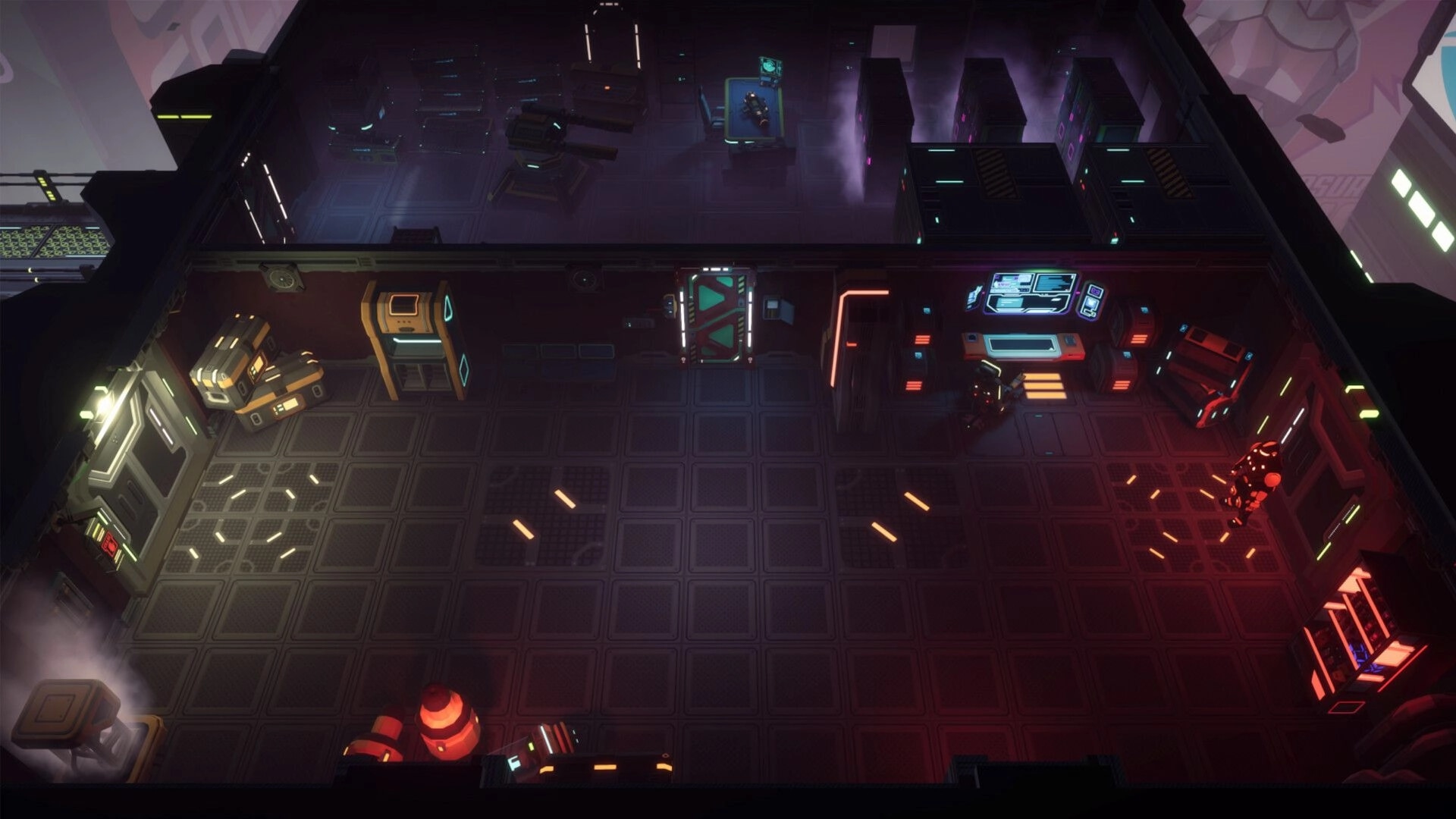 Shift'n Slay: Dark futuristic control room with glowing monitors, machinery, and scattered crates.