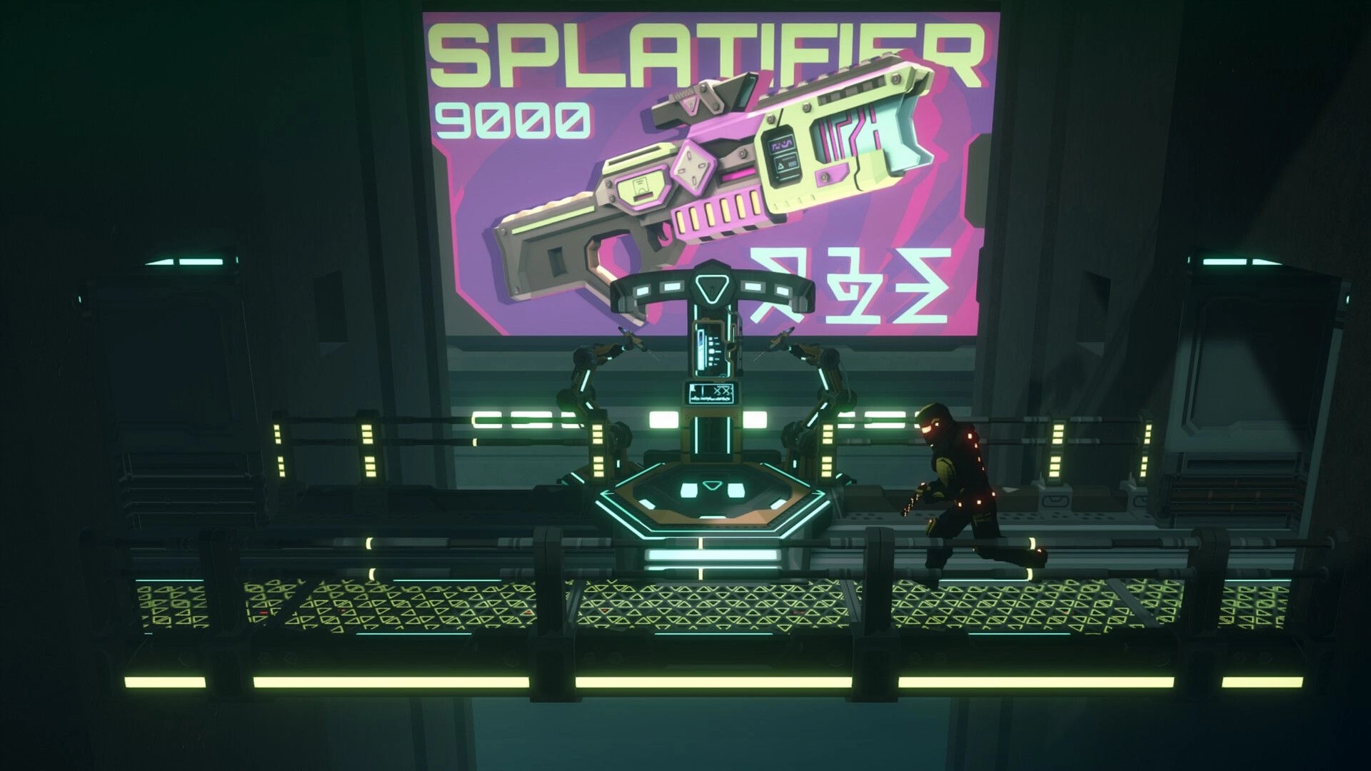 Shift'n Slay: Character running on catwalk below neon gun ad in dimly lit futuristic corridor