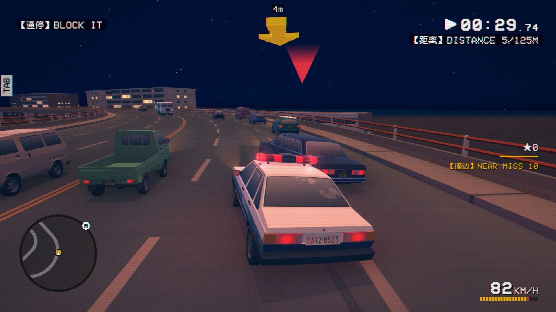 SHIFU: Police car blocks a sedan on a night bridge, timer and distance UI with minimap and speedometer.
