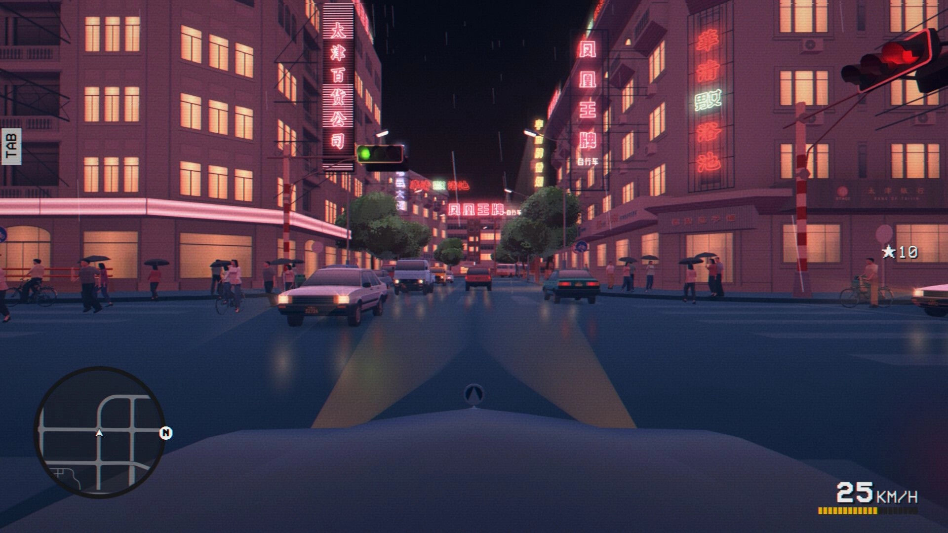 SHIFU: Driving through rainy neon city traffic with minimap, star score, and 25 km/h speed HUD.