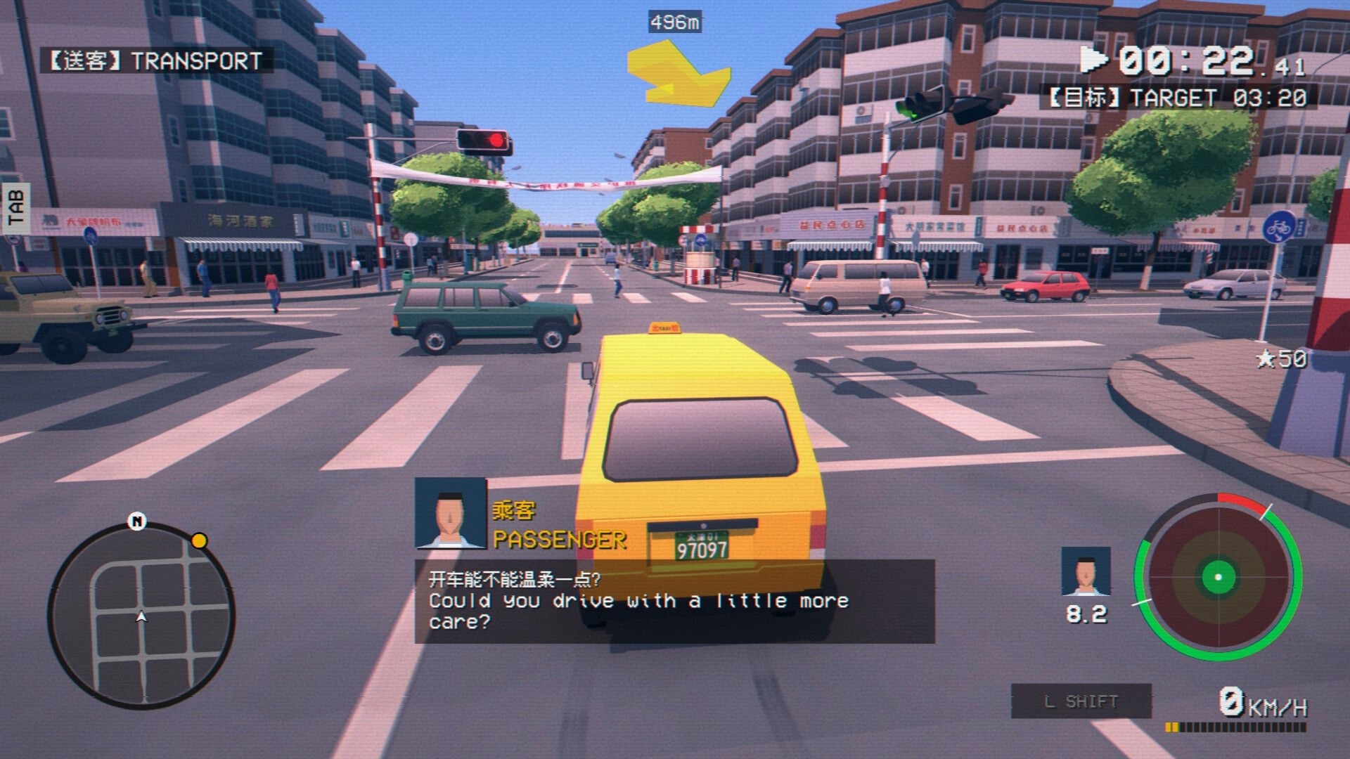 SHIFU: Taxi transport mission at busy city intersection, passenger complaint dialog and minimap UI visible.