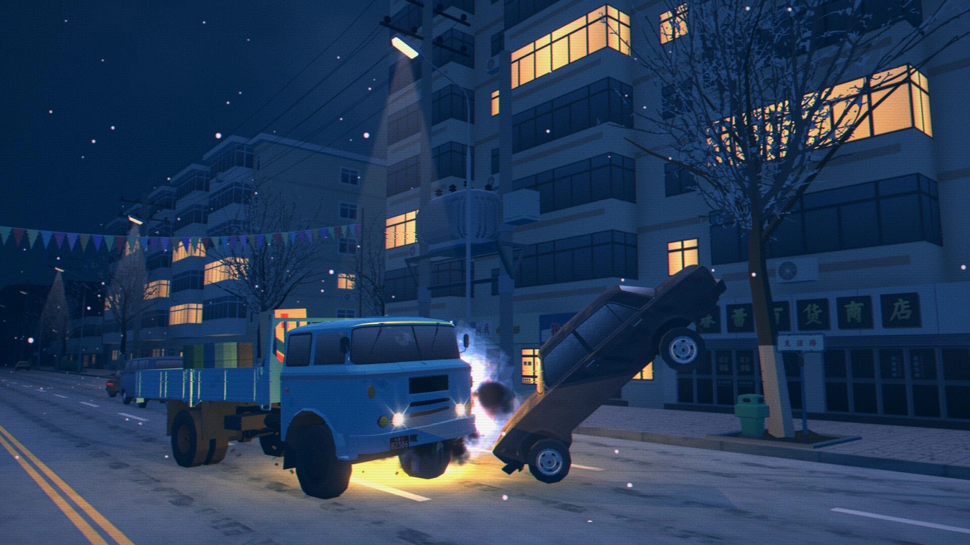 SHIFU: Blue flatbed truck rams a sedan, flipping it on a snowy night street lined with apartments.