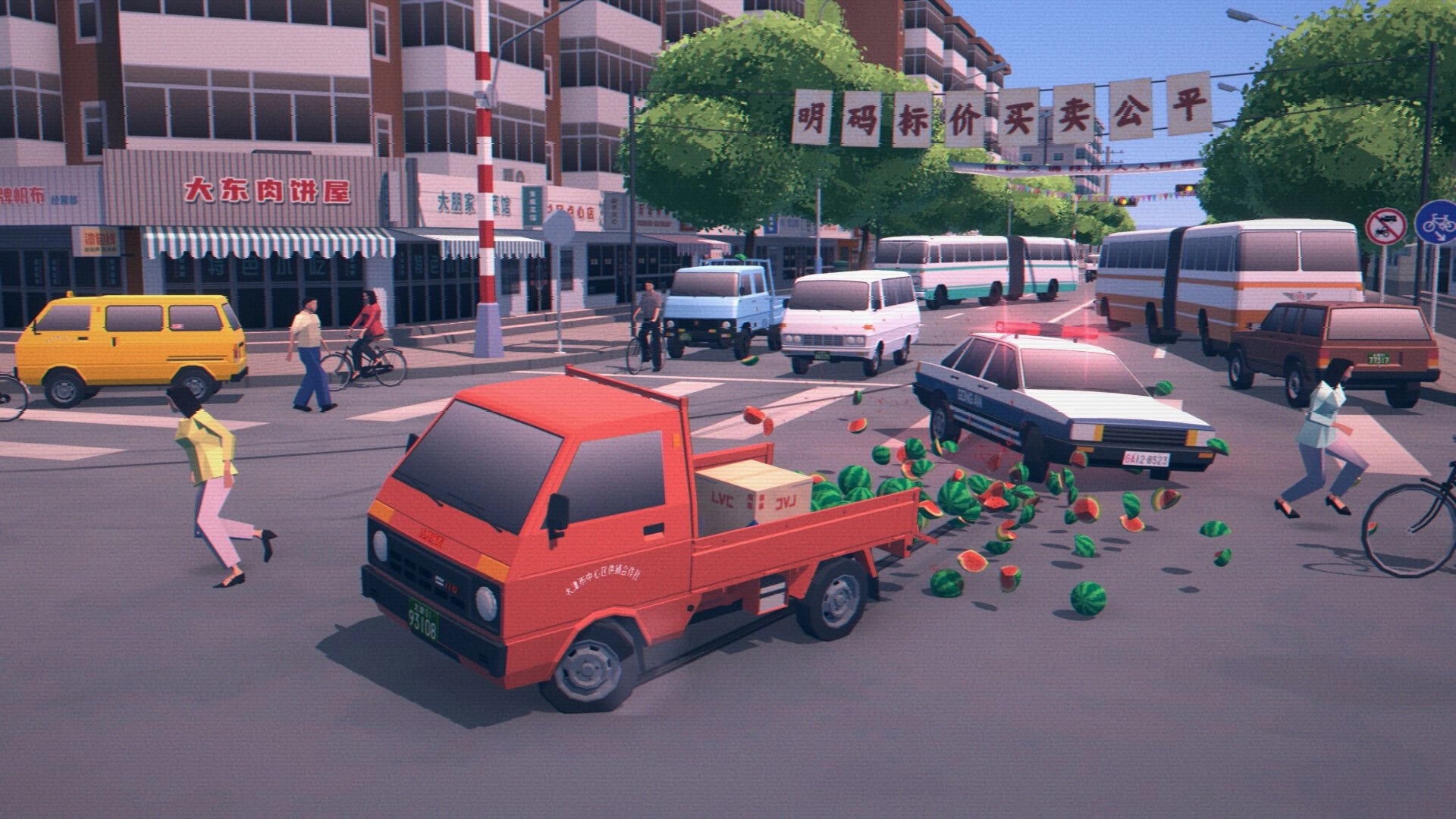 SHIFU: Red flatbed truck spills watermelons near police car in busy Chinese city intersection.