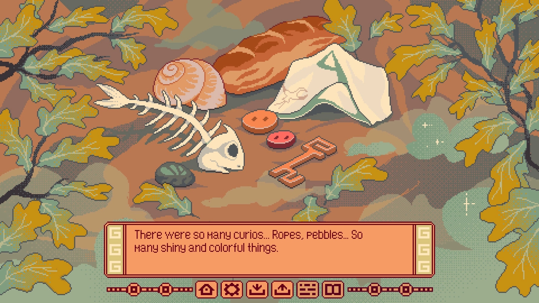 Shine On, My Little Sun: Collection of curios on forest floor with buttons, bread, shell, and fishbone