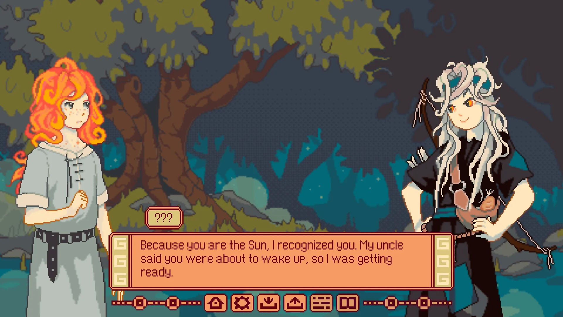 Shine On, My Little Sun: Two characters converse under a tree with dialogue box and UI icons below